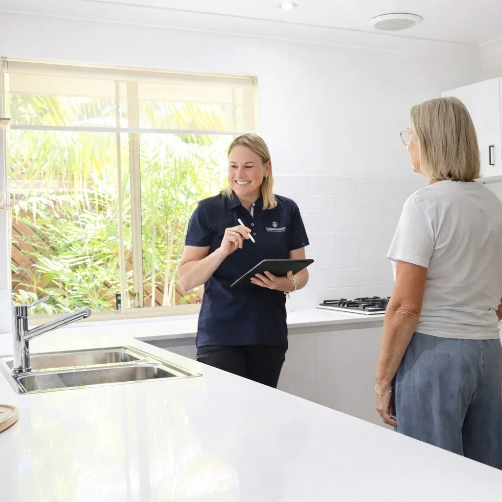 A woman with blond hair smiling and holding a clipboard talking to an older woman with gray hair in a bright kitchen with a window view of greenery outside.