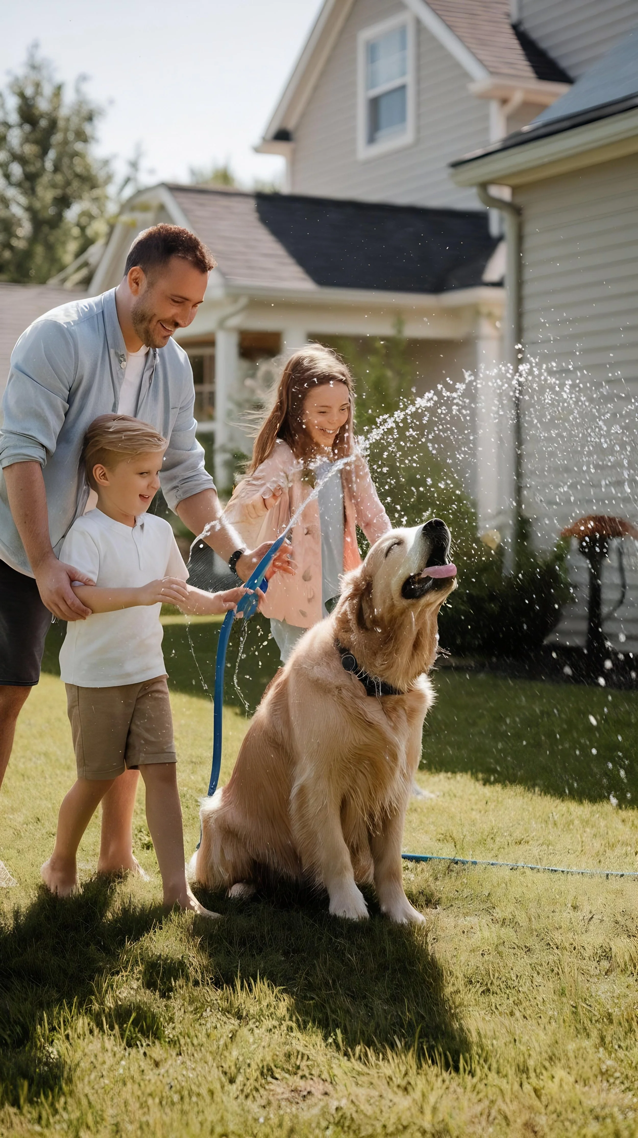 Family enjoying clean water outdoors with their dog, illustrating the everyday lifestyle benefits of whole-home water filtration for Perth homes.