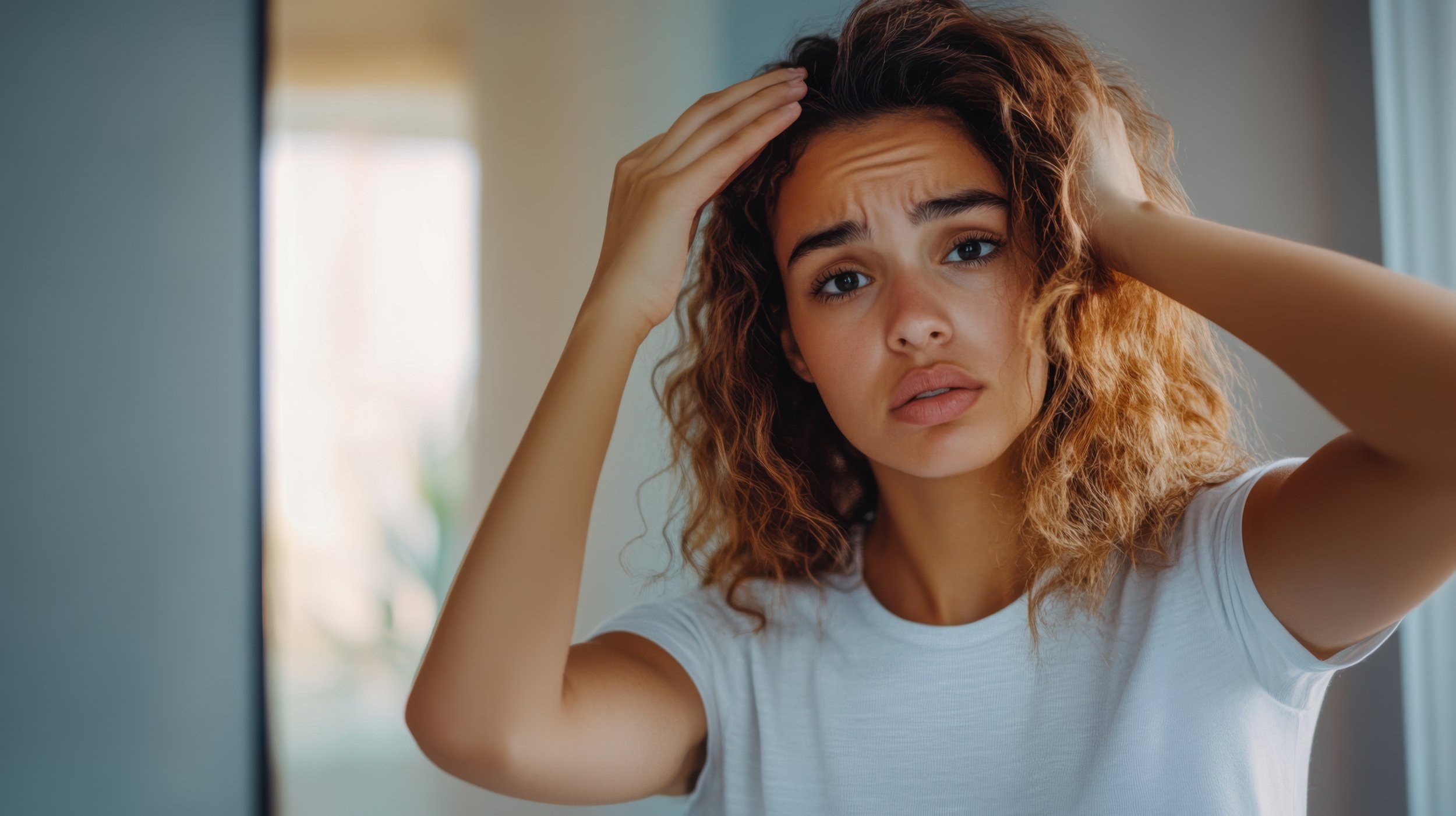 Woman looking concerned about dry, frizzy hair, illustrating how hard water and chlorine in Perth can affect hair health and indicate the need for whole-home water filtration.