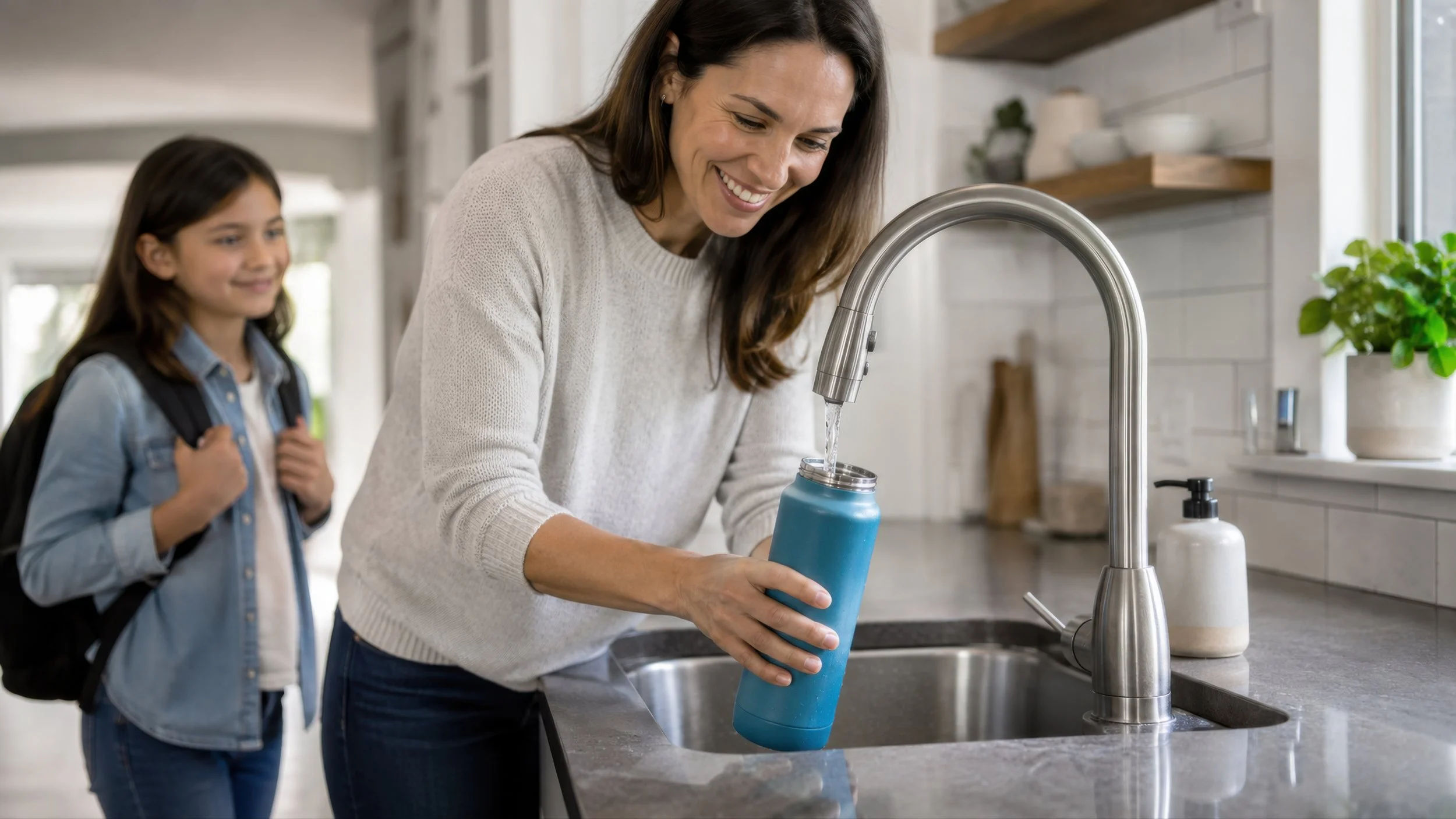 Woman filling a reusable water bottle with clean, filtered water from a kitchen tap, highlighting how a ClearHaven whole-home water filtration system helps reduce plastic waste in Perth homes.