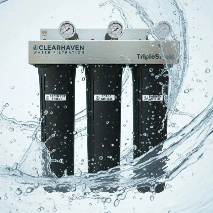ClearHaven TripleShield whole-home water filtration system with commercial-grade filter housings, pressure gauges and premium copper pipework for clean, filtered water throughout Perth homes.