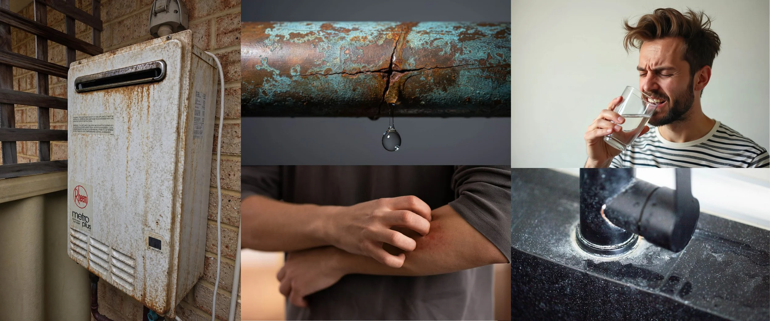 Collage showing common signs Perth homeowners may need whole-home water filtration, including rusty appliances, corroded plumbing, skin irritation, poor-tasting water, and mineral build-up around taps.