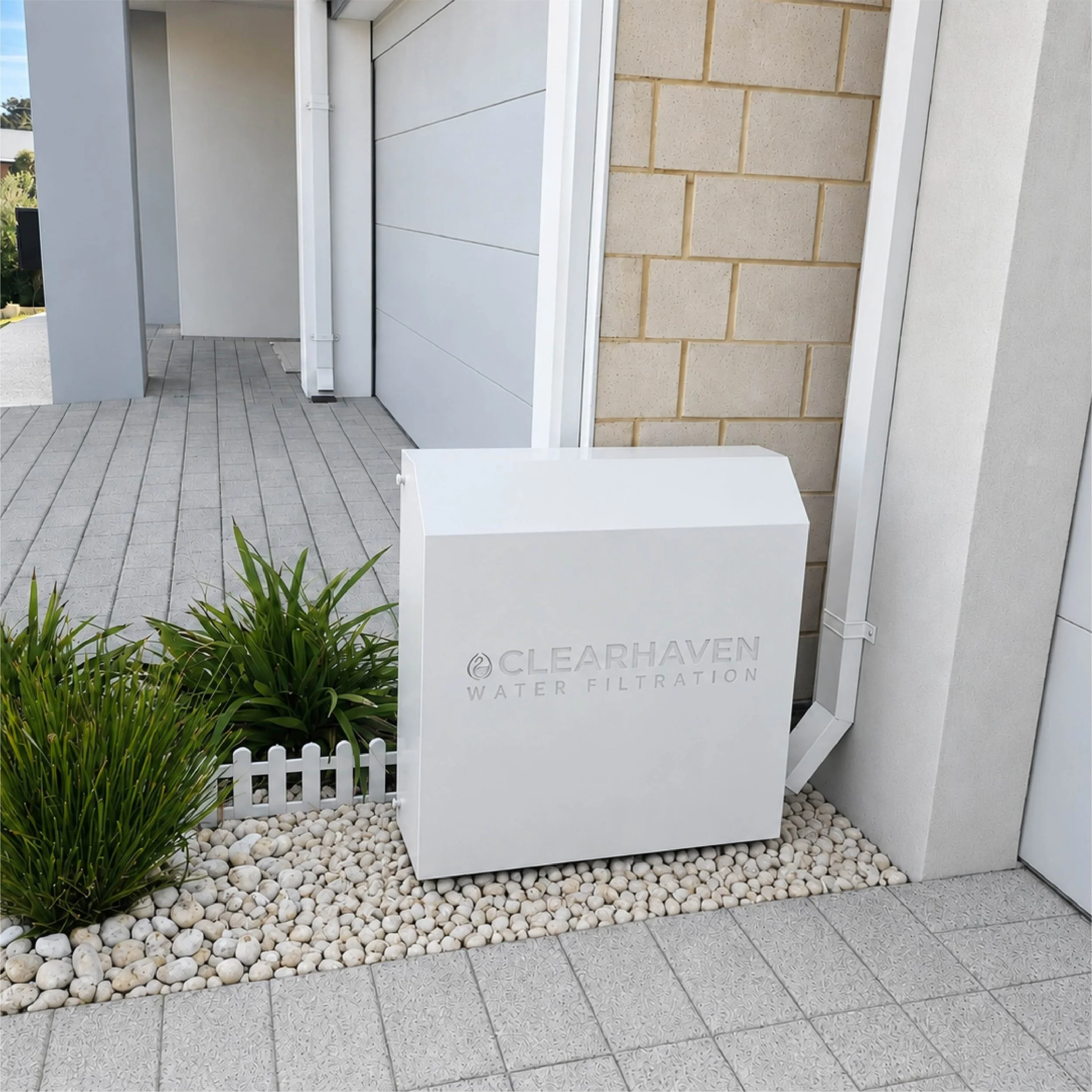ClearHaven whole-home water filtration system with a custom powder-coated aluminium cover, professionally installed to provide cleaner water while blending seamlessly with a Perth home.