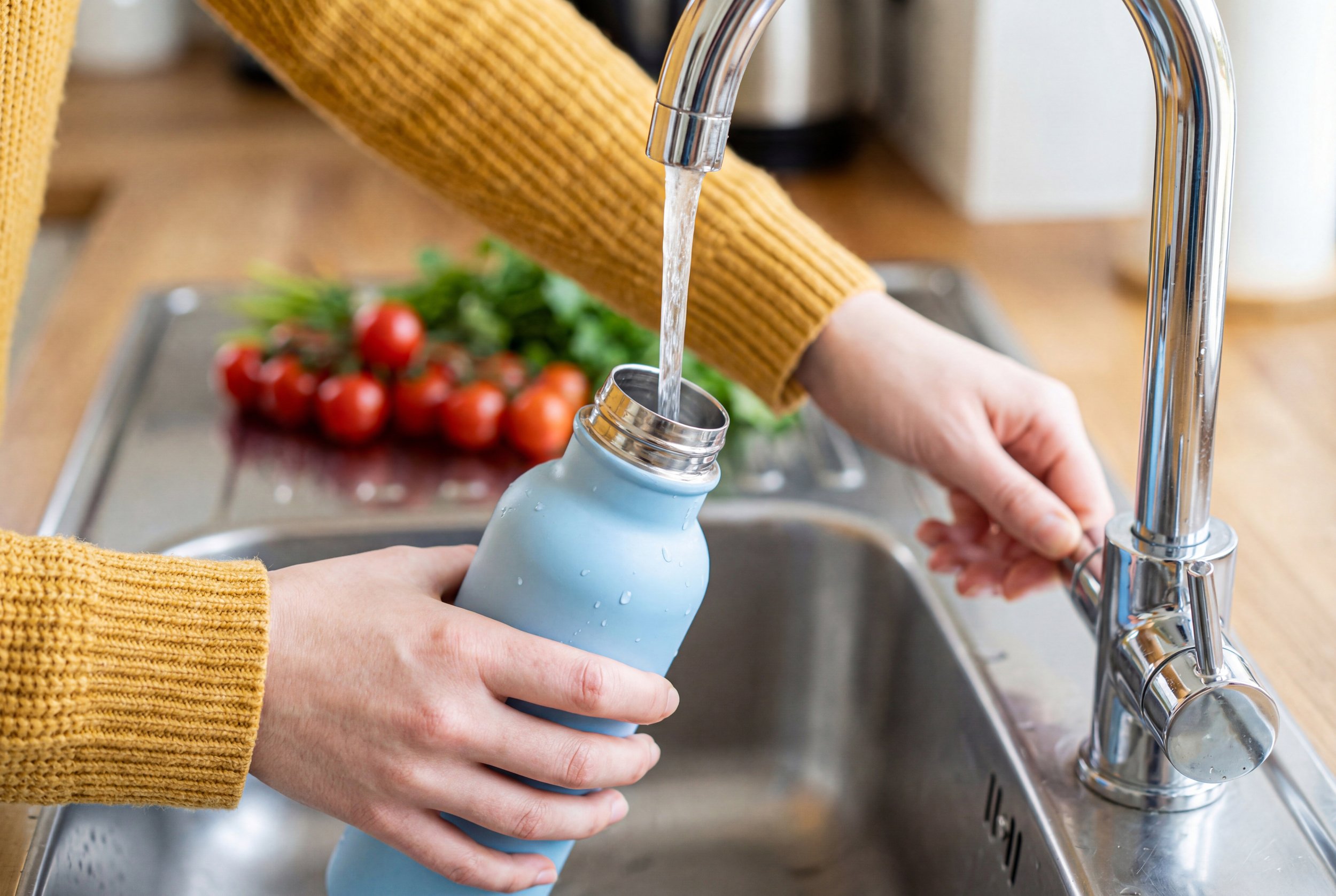 Person filling a reusable water bottle with clean, filtered water from a kitchen tap, demonstrating how ClearHaven whole-home water filtration helps reduce bottled water costs and plastic waste in Perth homes.