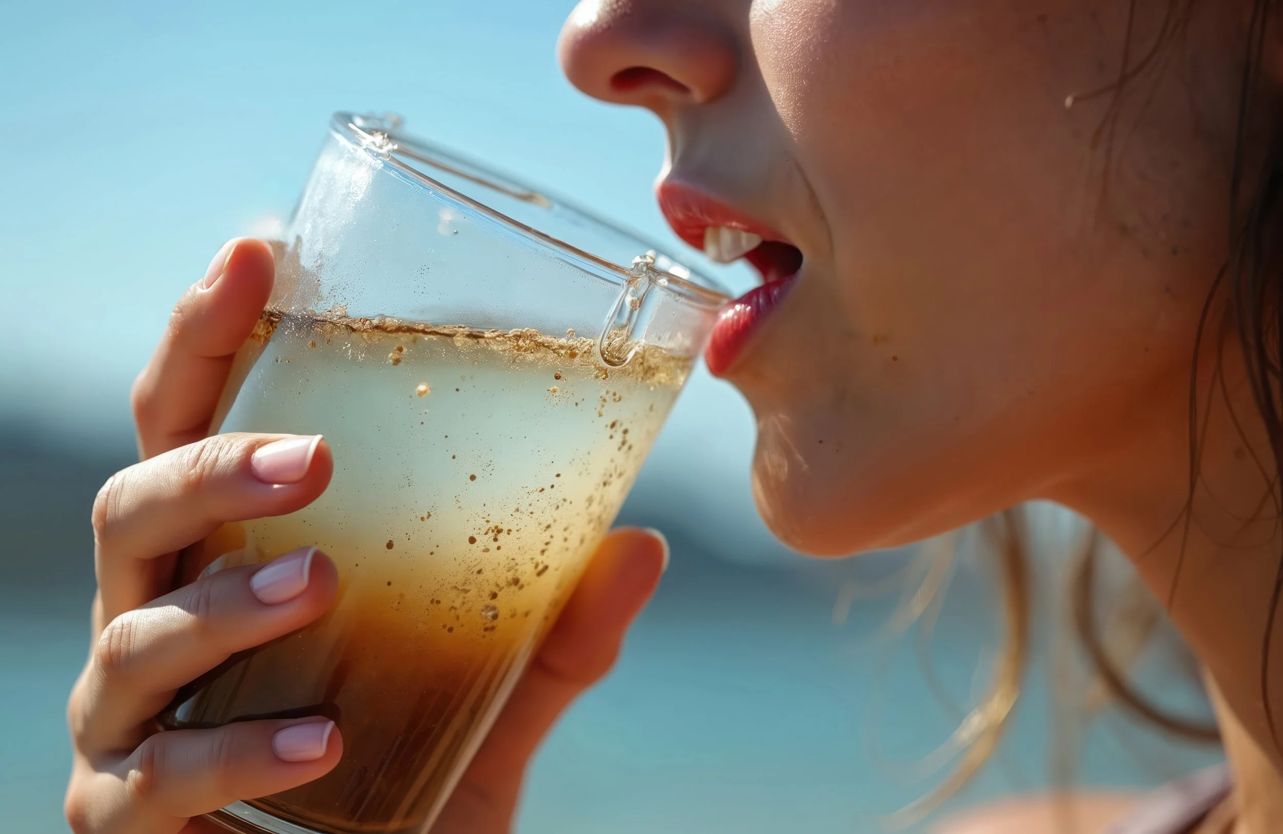 Glass of Perth drinking water containing visible sediment particles, illustrating how sand, rust and pipe debris can travel through the water distribution network before reaching the home.