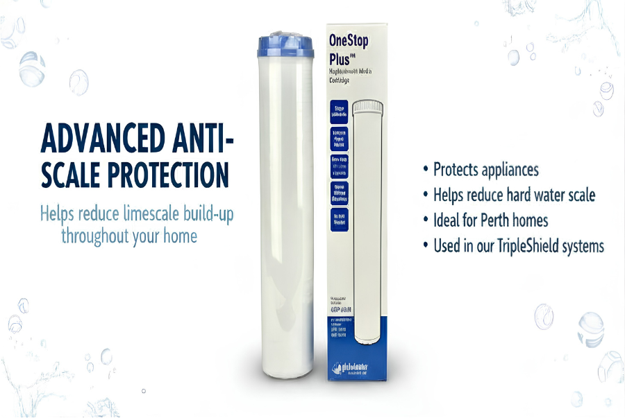 OneStop Plus anti-scale water filter cartridge used in ClearHaven TripleShield whole-home water filtration systems to help reduce hard water scale in Perth homes.
