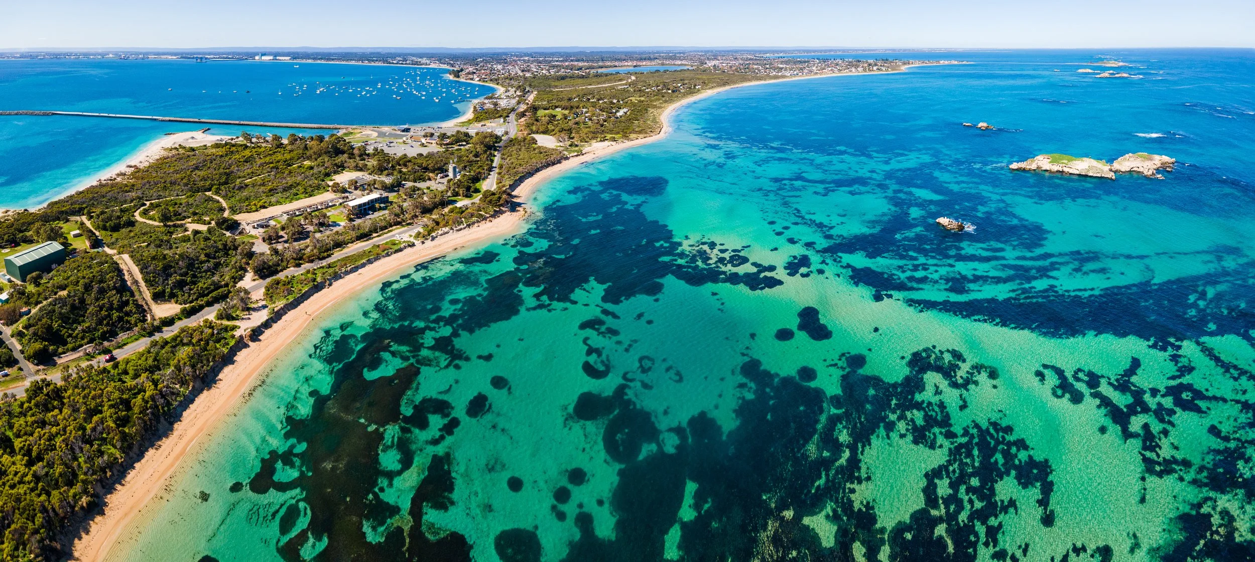 Aerial view of Shoalwater Islands Marine Park in the City of Rockingham, Perth, where ClearHaven provides premium whole-home water filtration systems professionally installed for homeowners throughout the City of Rockingham.