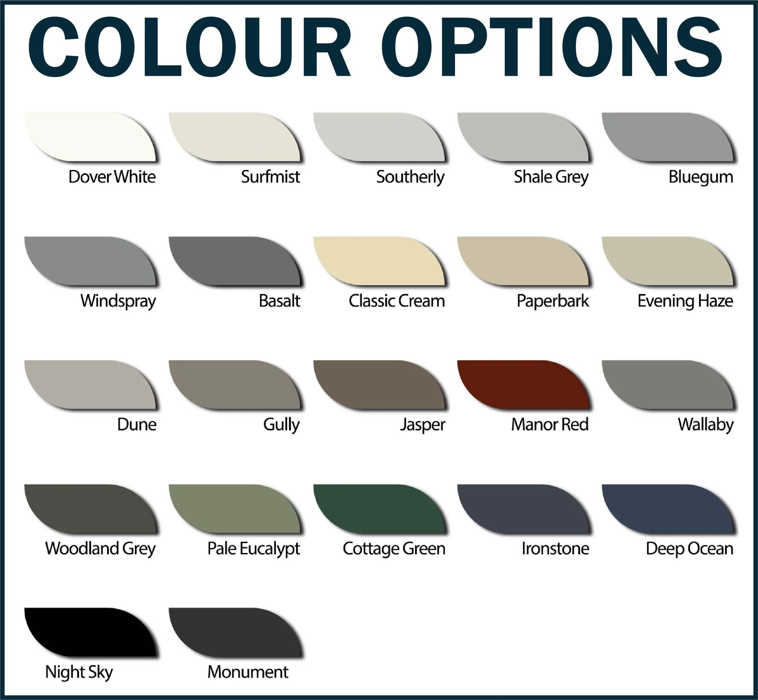 Colour options available for ClearHaven whole-home water filtration covers, featuring a range of premium powder-coated Colourbond colours designed to complement Perth homes.