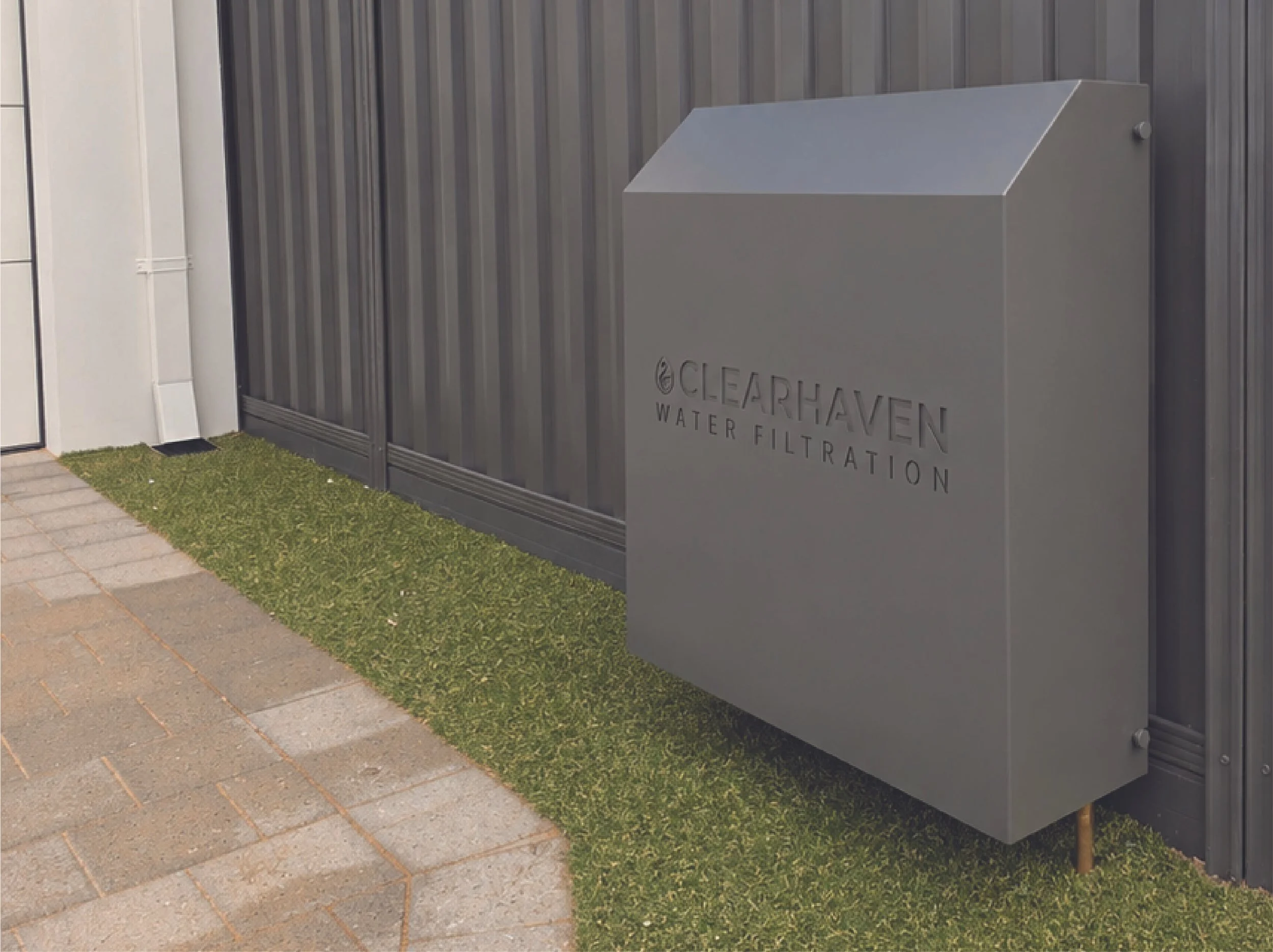 ClearHaven Water Filtration system with a custom Woodland Grey powder-coated enclosure installed at a home in Port Kennedy, Perth.