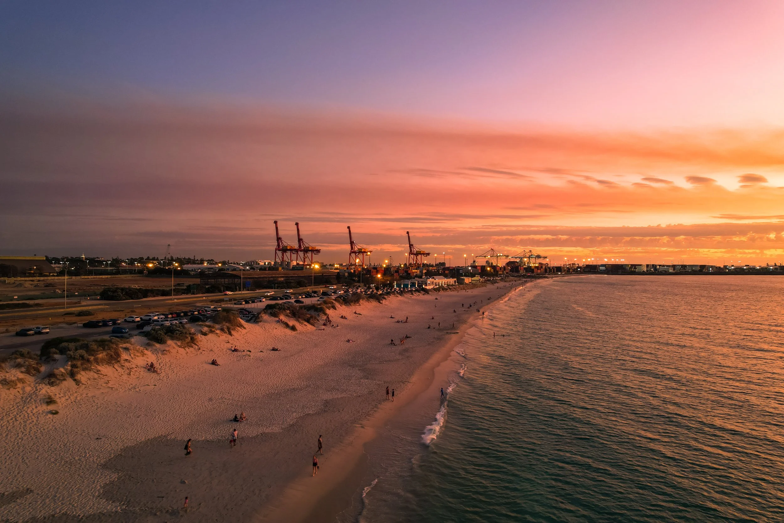 Sunset view over South Beach and Fremantle Harbour in the City of Fremantle, Perth, where ClearHaven provides premium whole-home water filtration systems professionally installed for homeowners throughout the City of Fremantle.