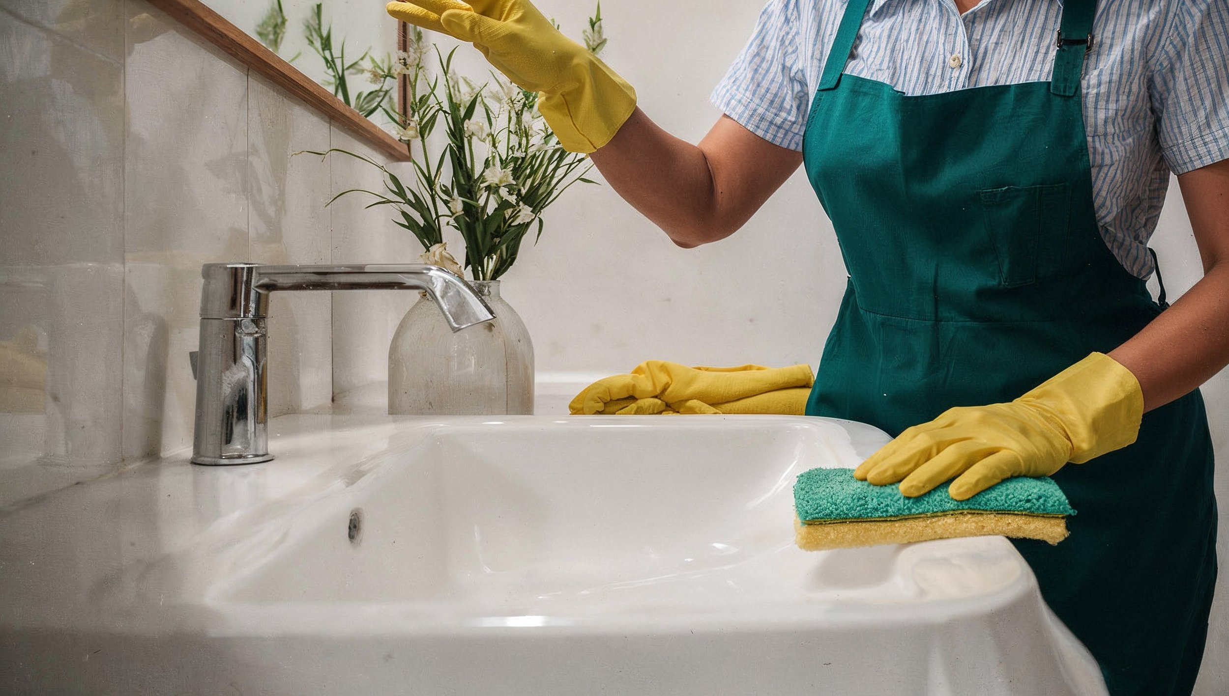 Person cleaning a bathroom sink made easier with filtered water from a ClearHaven whole-home water filtration system, helping reduce limescale, soap scum and mineral build-up in Perth homes.