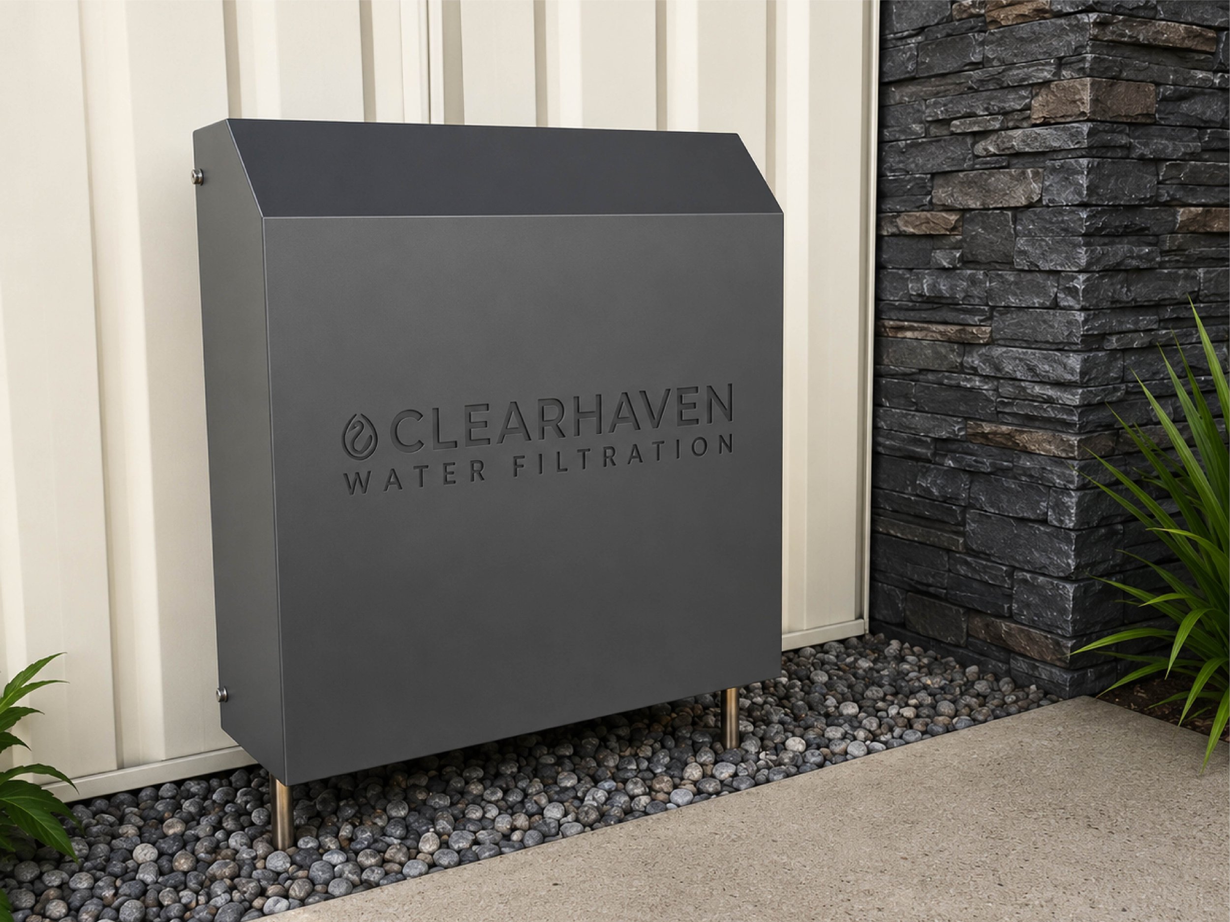 ClearHaven whole-home water filtration system with a custom Monument Colourbond cover professionally installed at a Perth home.