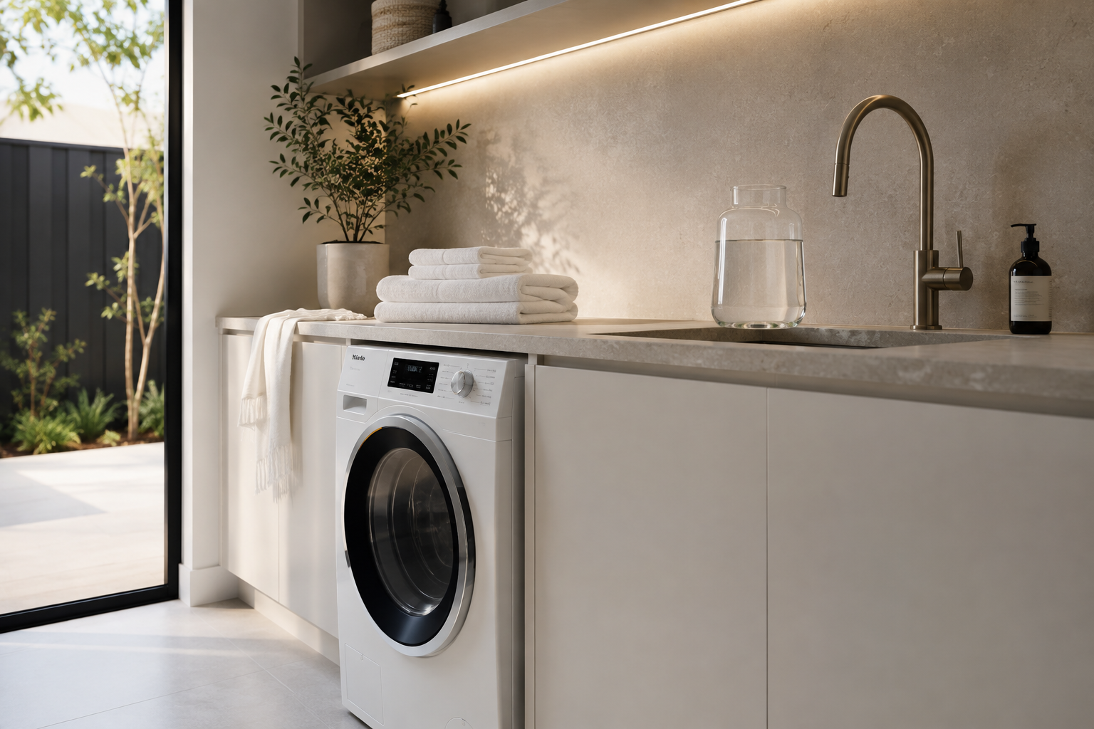 Luxury modern laundry with front-loading washing machine and fresh filtered water, highlighting the benefits of whole-home water filtration for Perth homes.