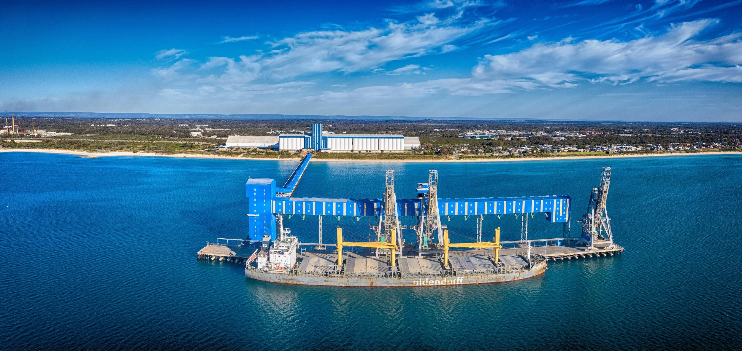 Aerial view of the Kwinana Bulk Terminal on the Kwinana coastline, representing the City of Kwinana where ClearHaven provides premium whole-home water filtration systems professionally installed for homeowners throughout the City of Kwinana.