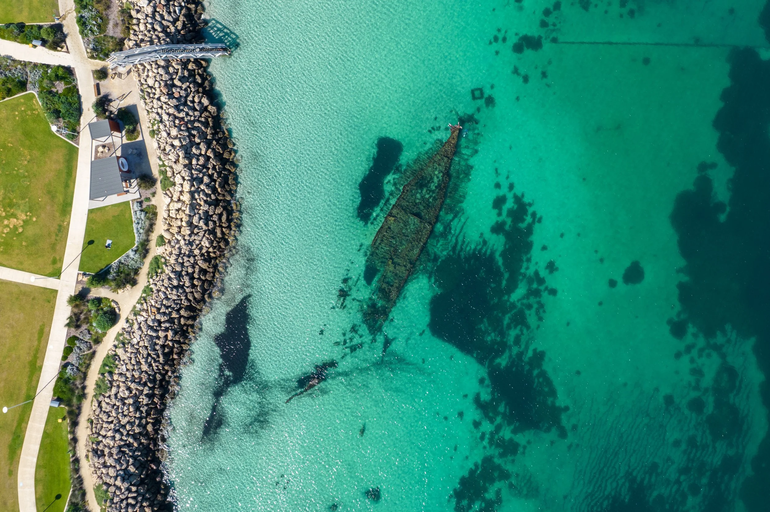 Aerial view of the Omeo Wreck at Coogee in the City of Cockburn, Perth, where ClearHaven provides premium whole-home water filtration systems professionally installed for homeowners throughout the City of Cockburn.