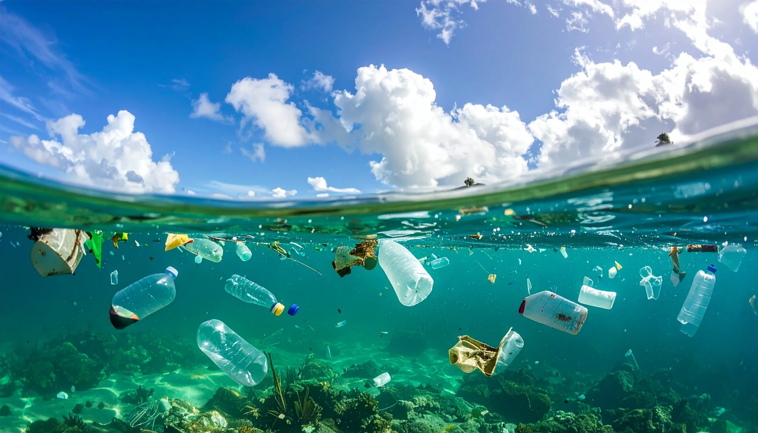 Plastic bottles floating in the ocean, illustrating how ClearHaven whole-home water filtration helps reduce bottled water use and plastic pollution in Perth homes.