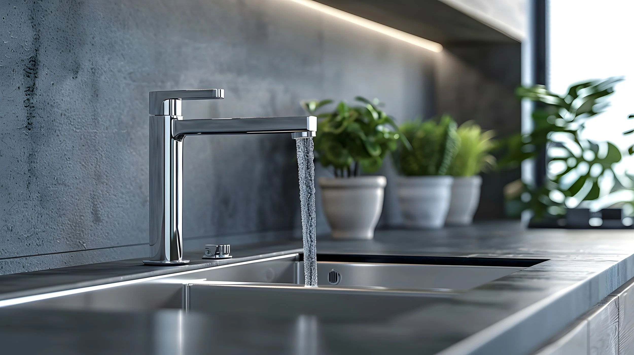 Modern kitchen tap delivering clean, filtered water, representing how a ClearHaven whole-home water filtration system helps reduce unwanted heavy metals and improve water quality in Perth homes.