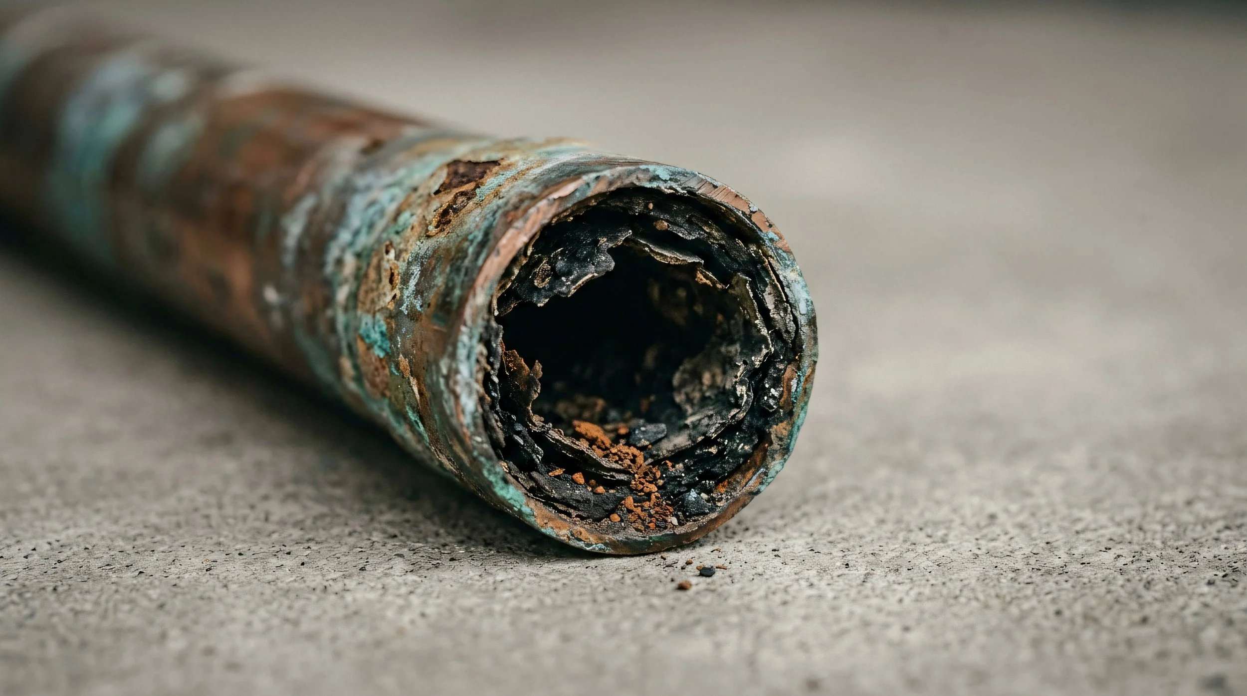 Corroded water pipe showing sediment, rust and mineral build-up, illustrating how ageing water mains can contribute to sediment in Perth's water distribution network.