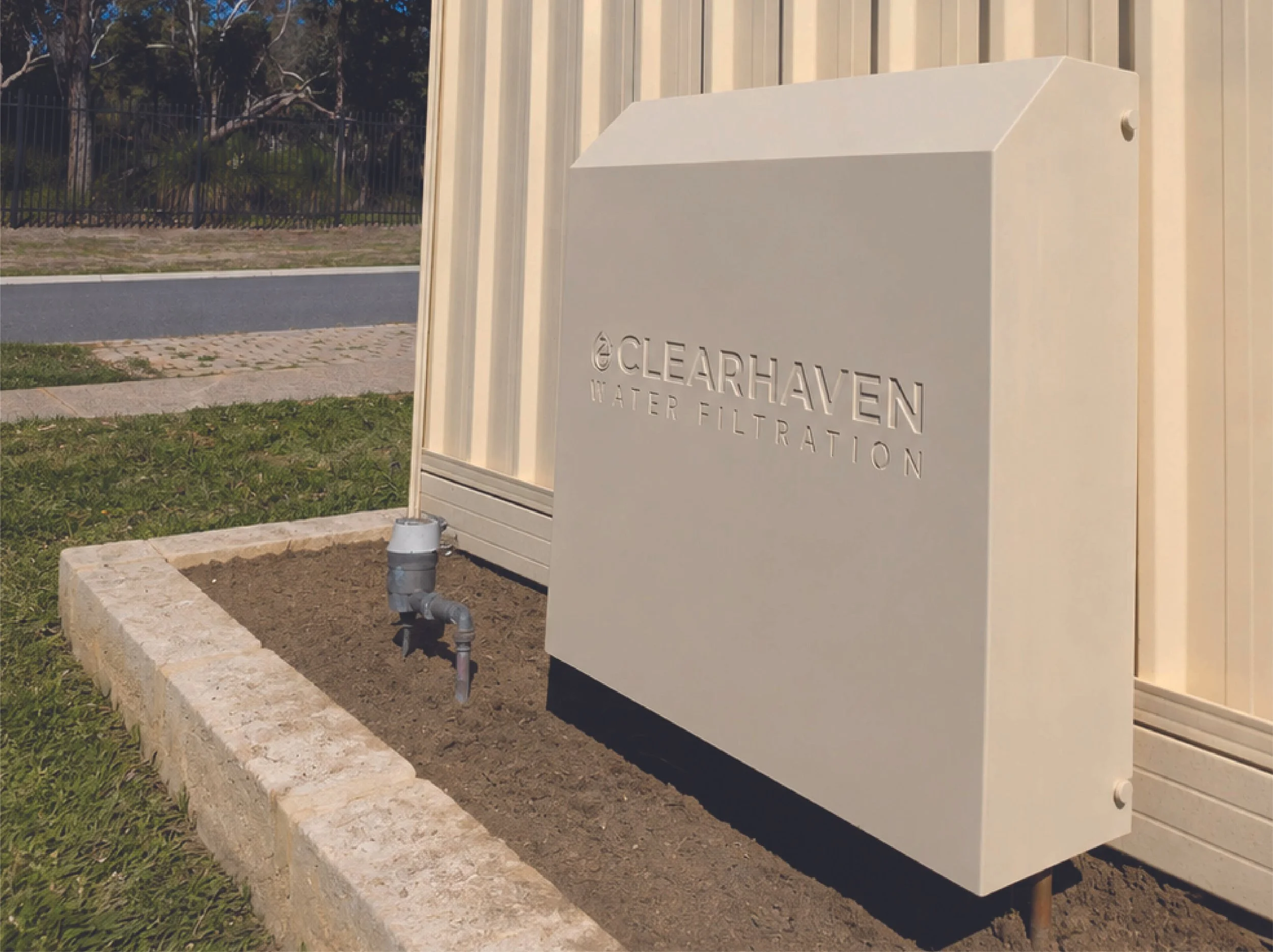 ClearHaven Classic Cream water filtration unit installed outdoors in Marangaroo