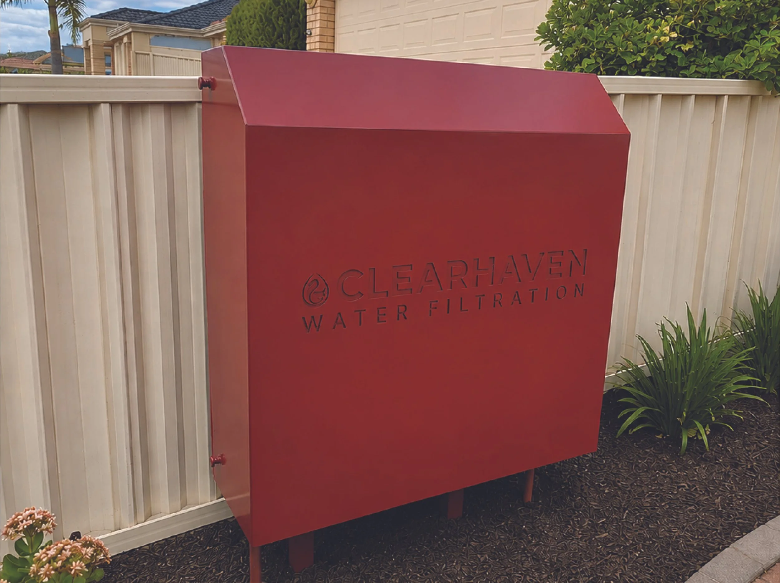ClearHaven Water Filtration system with a custom Manor Red powder-coated enclosure installed at a home in Canning Vale, Perth. ⭐