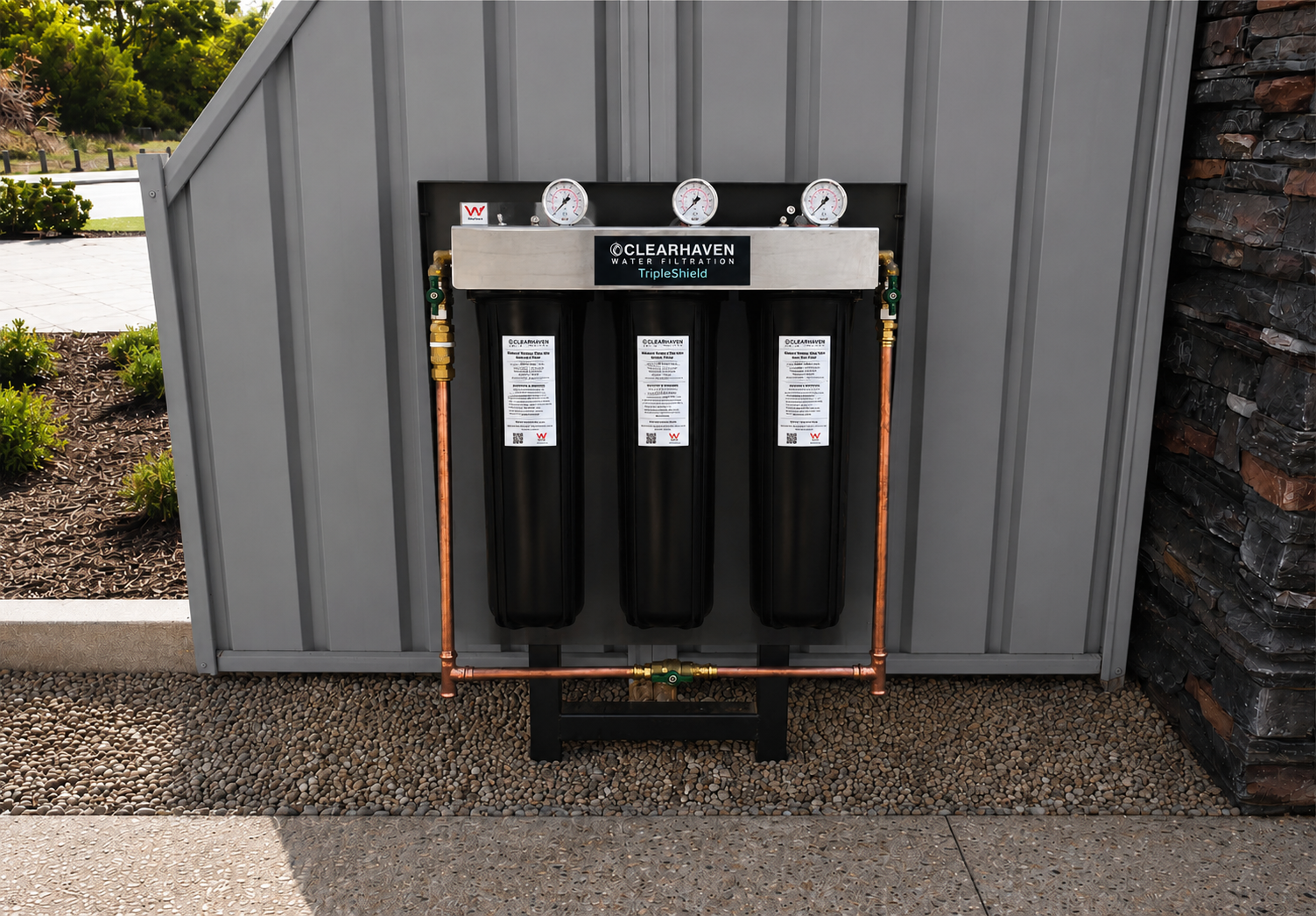 ClearHaven TripleShield whole-home water filtration system installed in Perth, featuring SedimentShield, ScaleShield, CarbonShield, premium copper pipework and pressure gauges.
