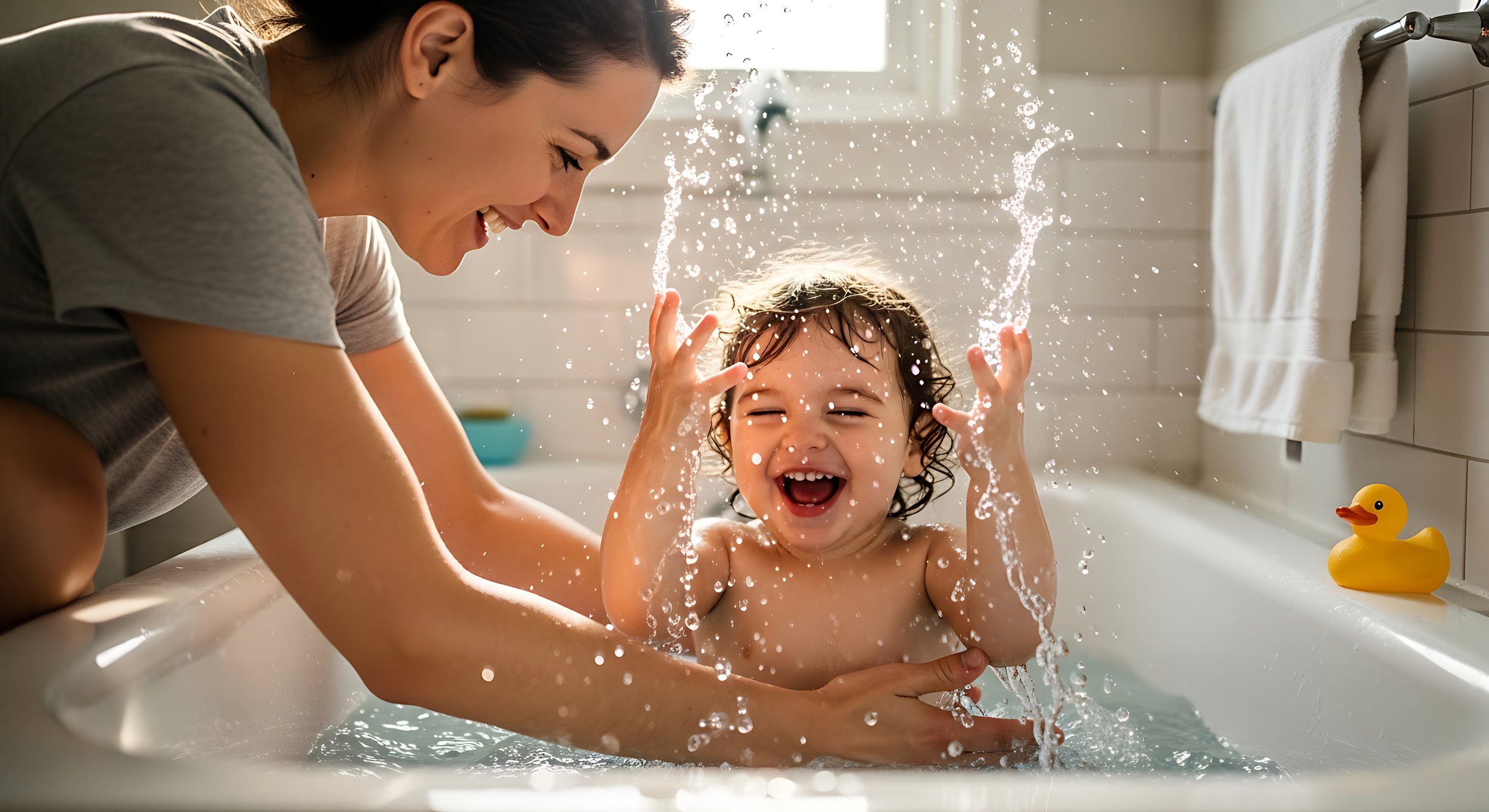 Mother bathing her happy toddler, highlighting whole-home water filtration for children's sensitive skin in Perth.