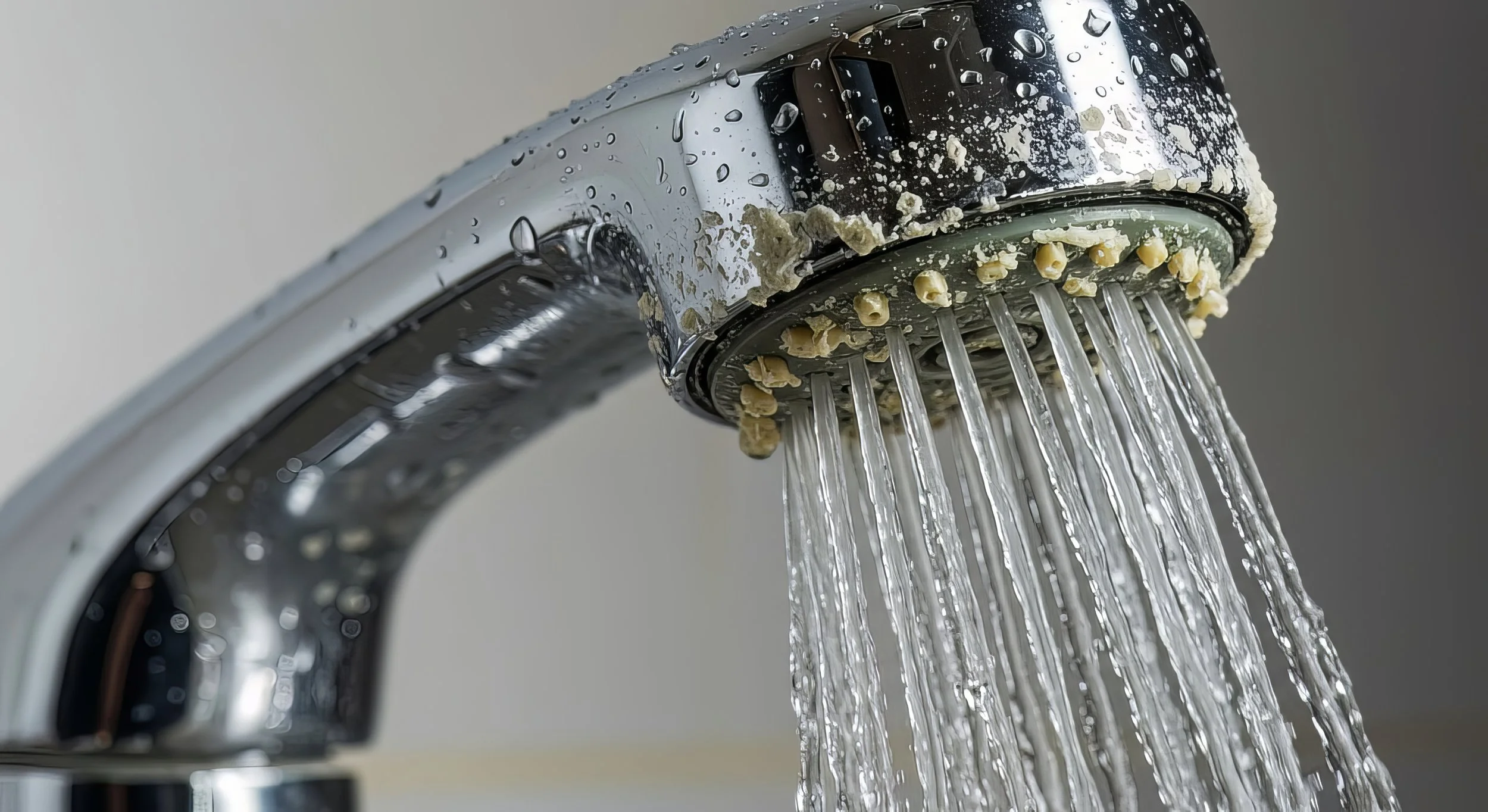 Shower head with hard water mineral scale build-up, illustrating the effects of hard water in Perth homes and the benefits of whole-home water filtration.