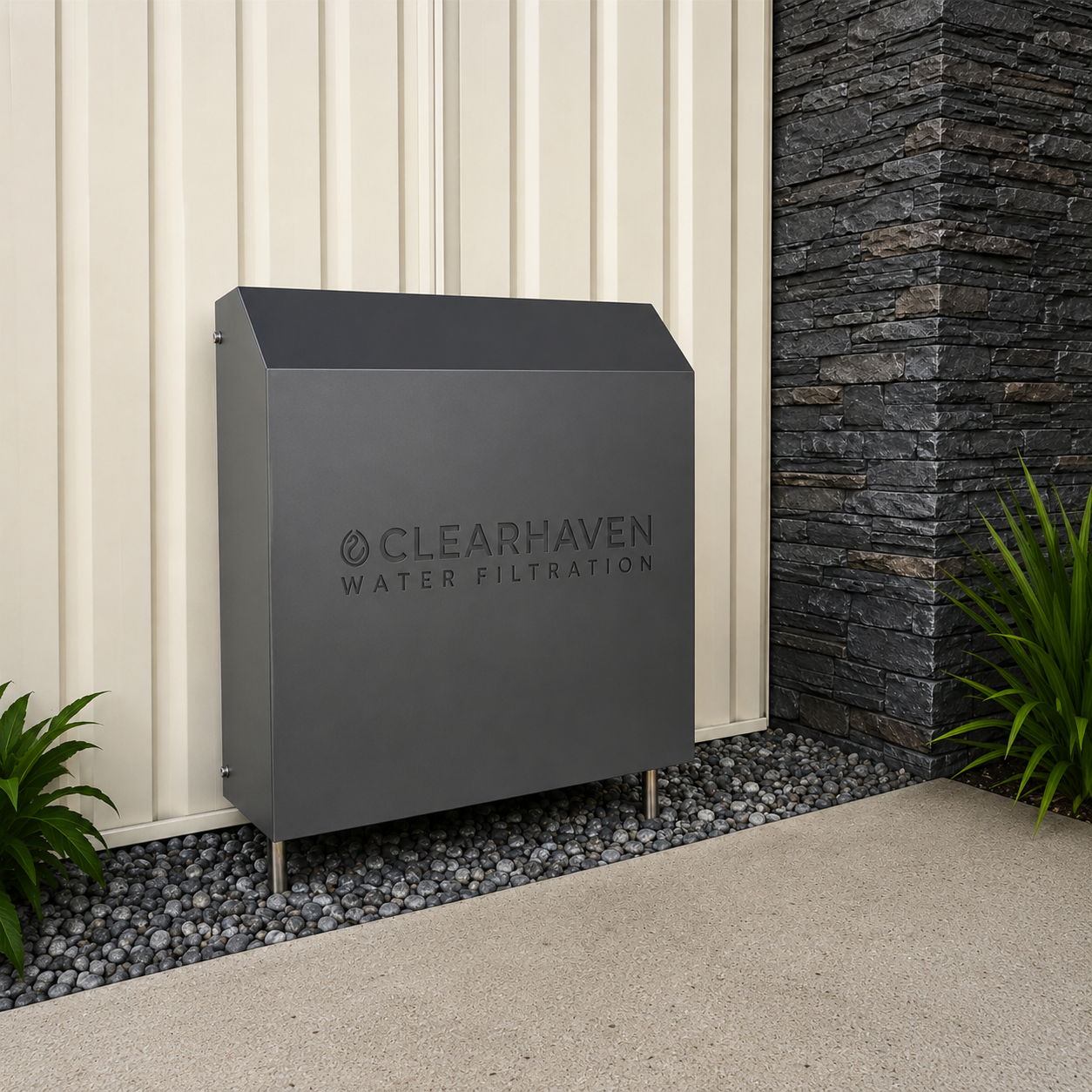ClearHaven whole-home water filtration system with a custom Monument Colourbond cover professionally installed at a Perth home.