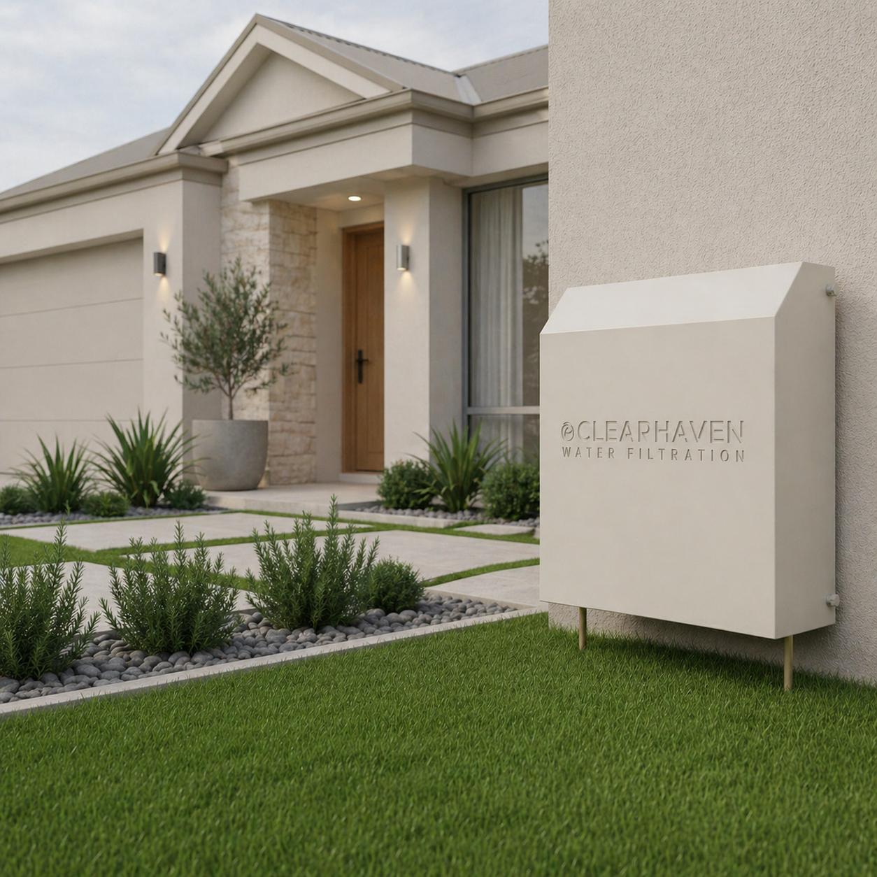 Custom powder-coated ClearHaven whole-home water filtration cover professionally integrated beside a modern Perth home, demonstrating beautiful architectural water filtration design.