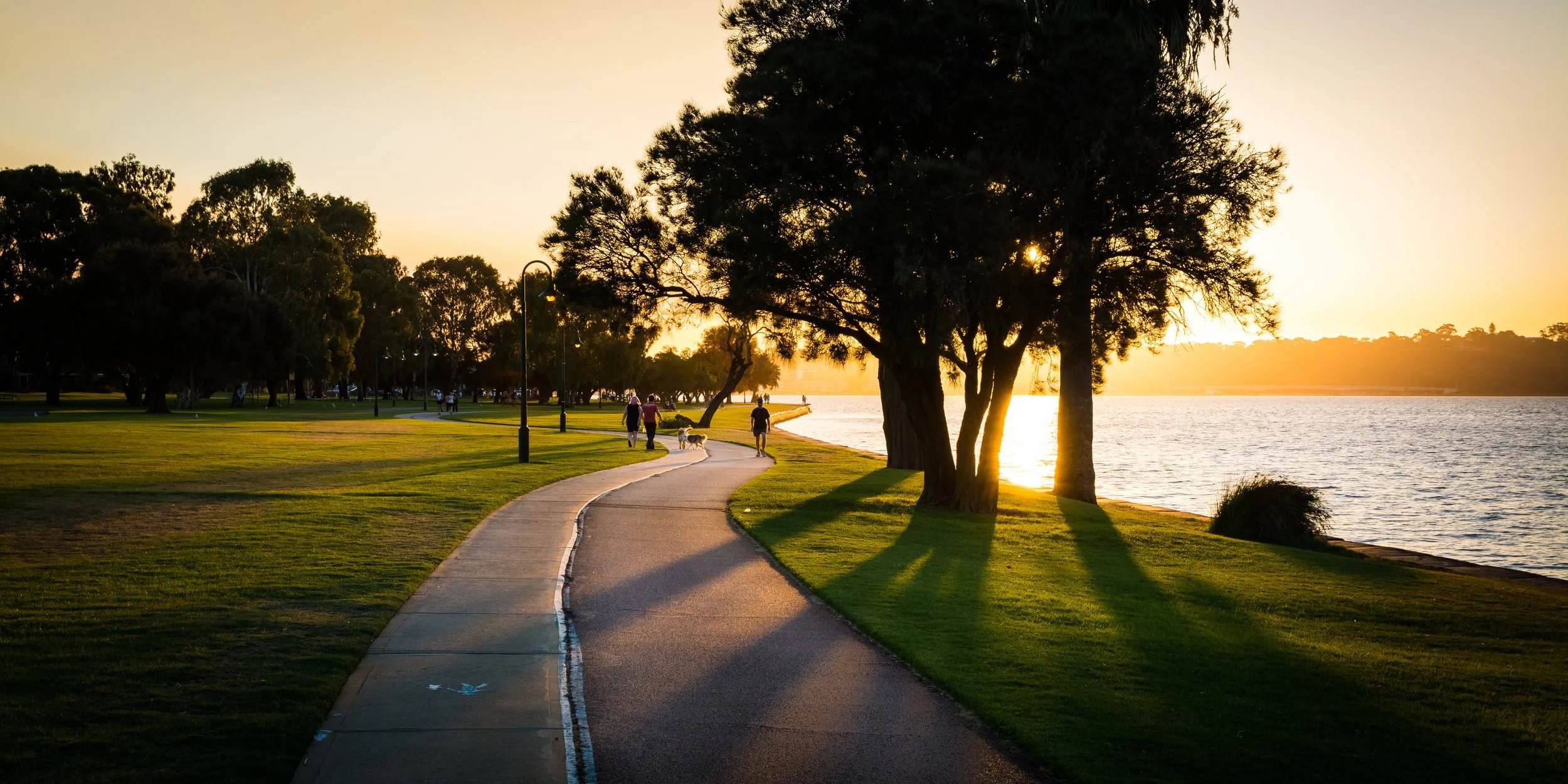 Sunset along the foreshore at Sir James Mitchell Park in the City of South Perth, where ClearHaven provides premium whole-home water filtration systems professionally installed for homeowners throughout the City of South Perth.