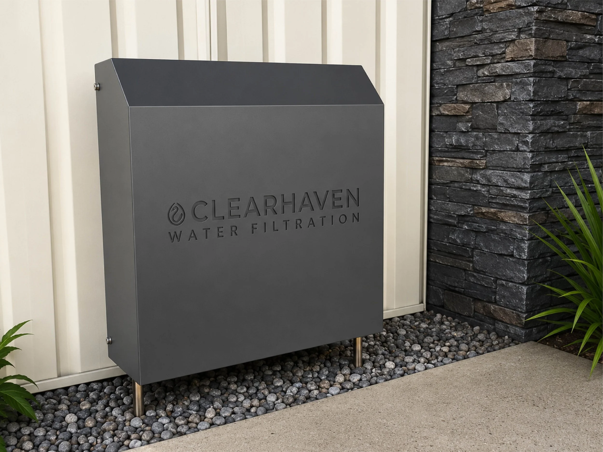 ClearHaven whole-home water filtration system with a custom Monument Colourbond cover professionally installed at a Perth home.