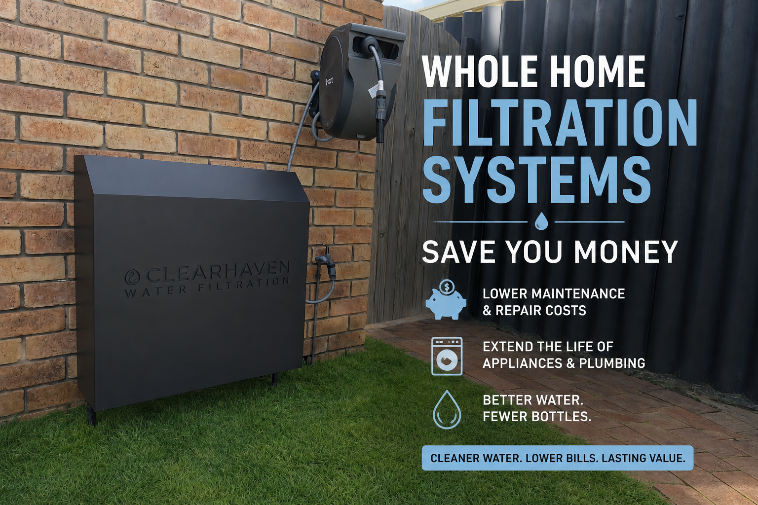 ClearHaven whole-home water filtration system installed beside a Perth home, illustrating how filtered water can help reduce maintenance costs, protect plumbing, and extend appliance lifespan.