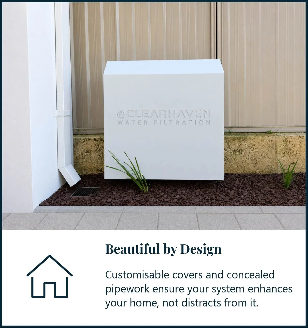 ClearHaven whole-home water filtration system with a custom white Colourbond cover beautifully integrated into a modern Perth home.