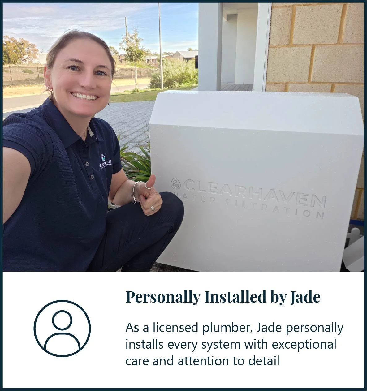 Jade De Joode, licensed Perth plumber and founder of ClearHaven Water Filtration, standing beside a premium whole-home water filtration system she personally installs.