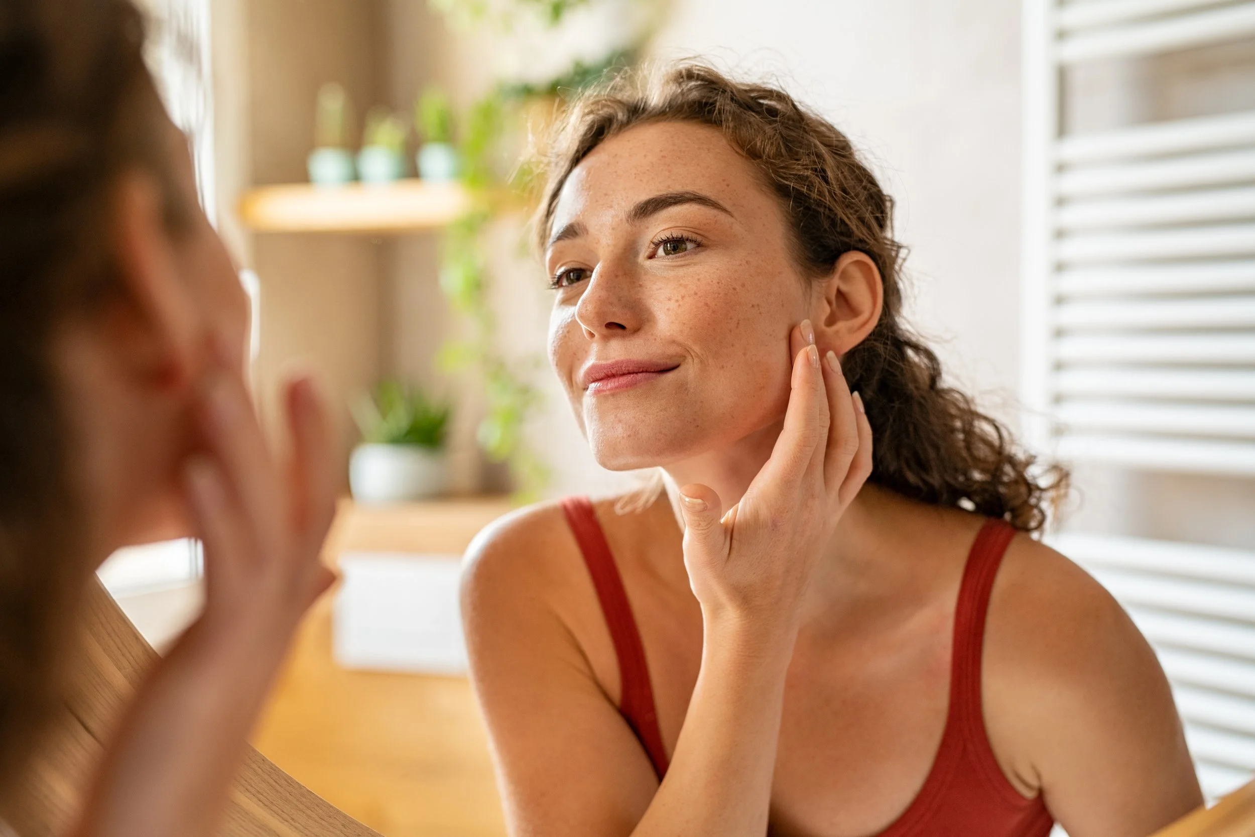 Woman enjoying healthier-looking skin after washing with clean, filtered water from a ClearHaven whole-home water filtration system in a Perth home.