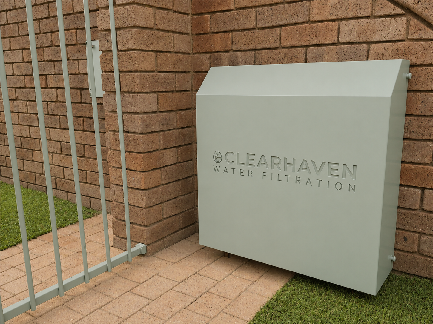 ClearHaven whole-home water filtration system with a custom Pale Eucalypt Colourbond cover professionally installed at a Perth home.