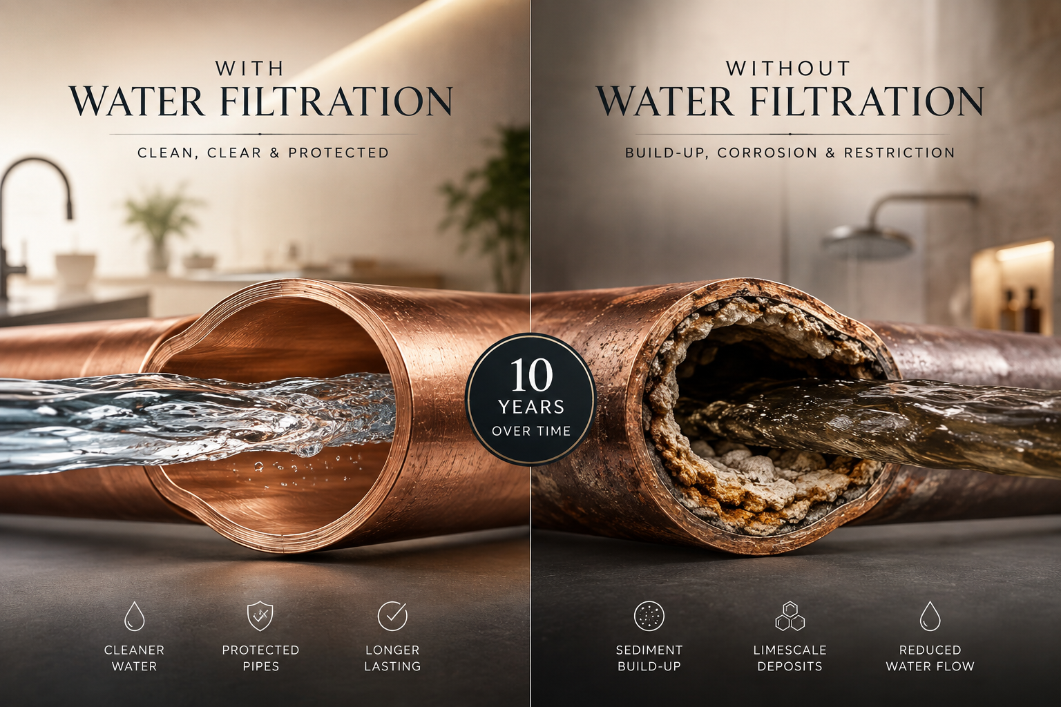 Comparison of the inside of household copper pipes after 10 years, showing clean water flow with whole-home water filtration versus sediment and mineral scale build-up without filtration.