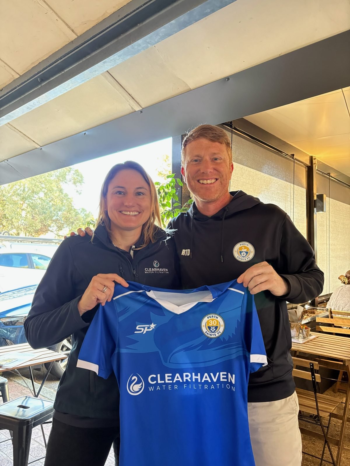 Jade De Joode from ClearHaven Water Filtration sponsoring the Perth Saints FC Open Women's Team in Perth
