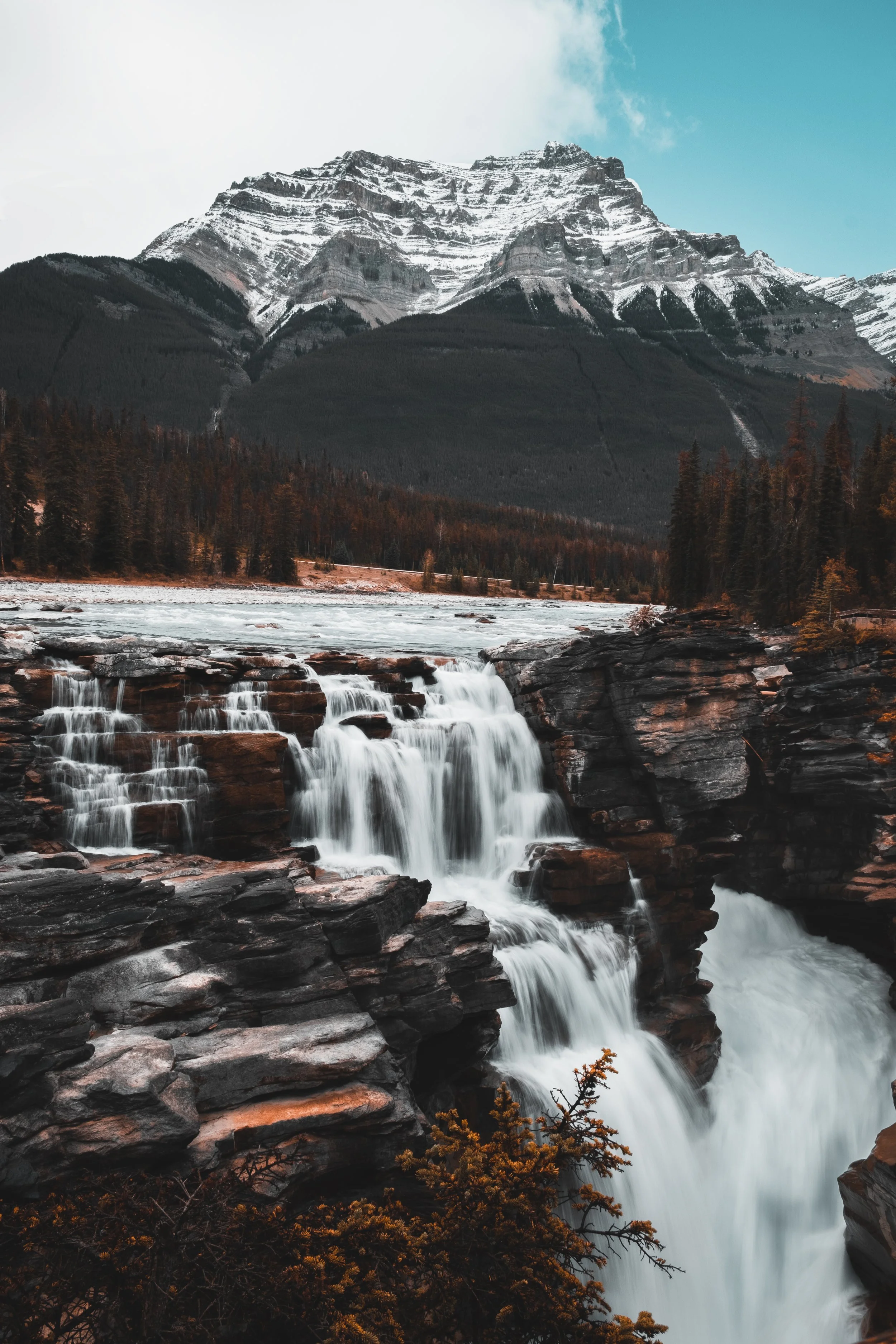 Snow-capped mountain behind a forest with a rocky waterfall in the foreground.