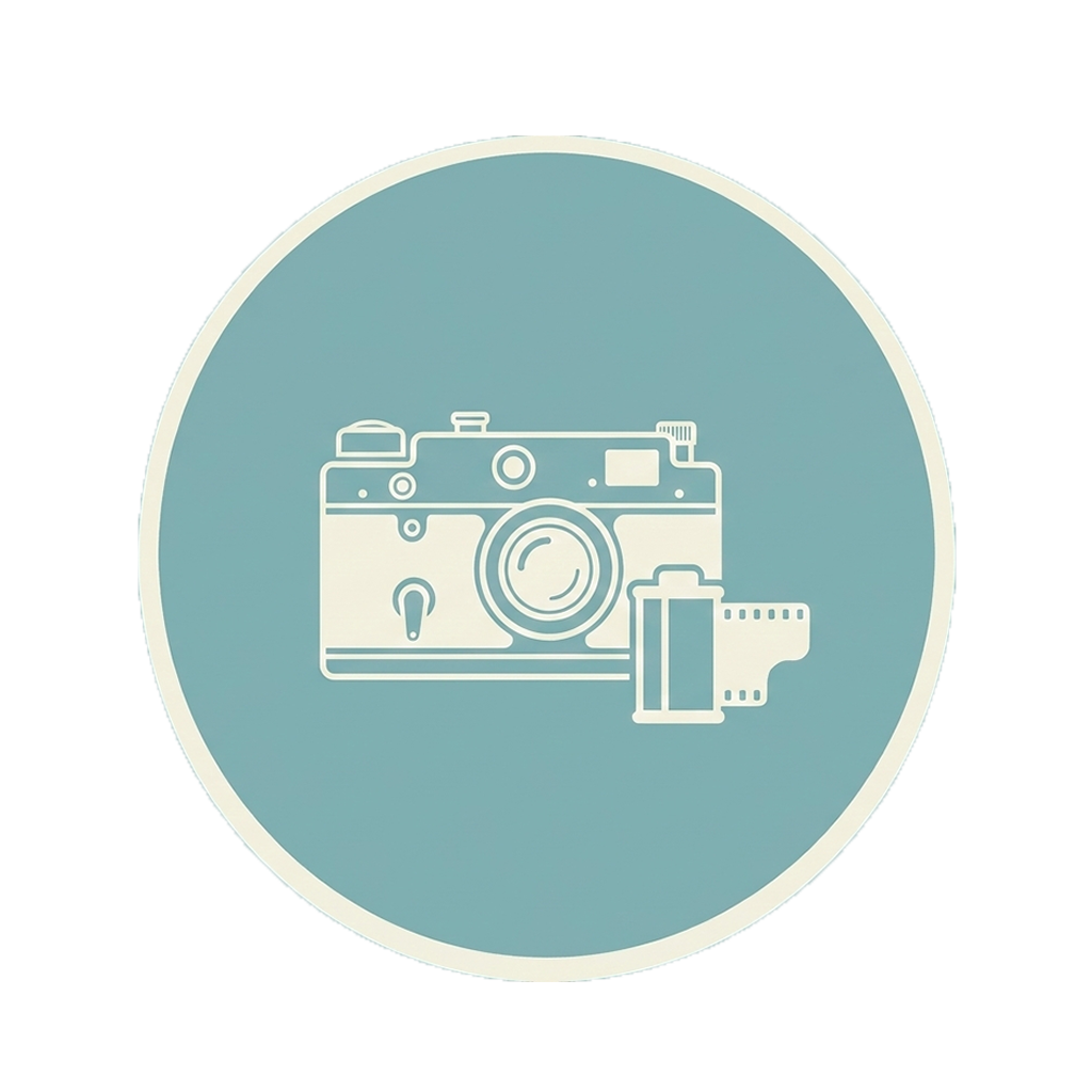 Icon of a vintage camera with film rolls.