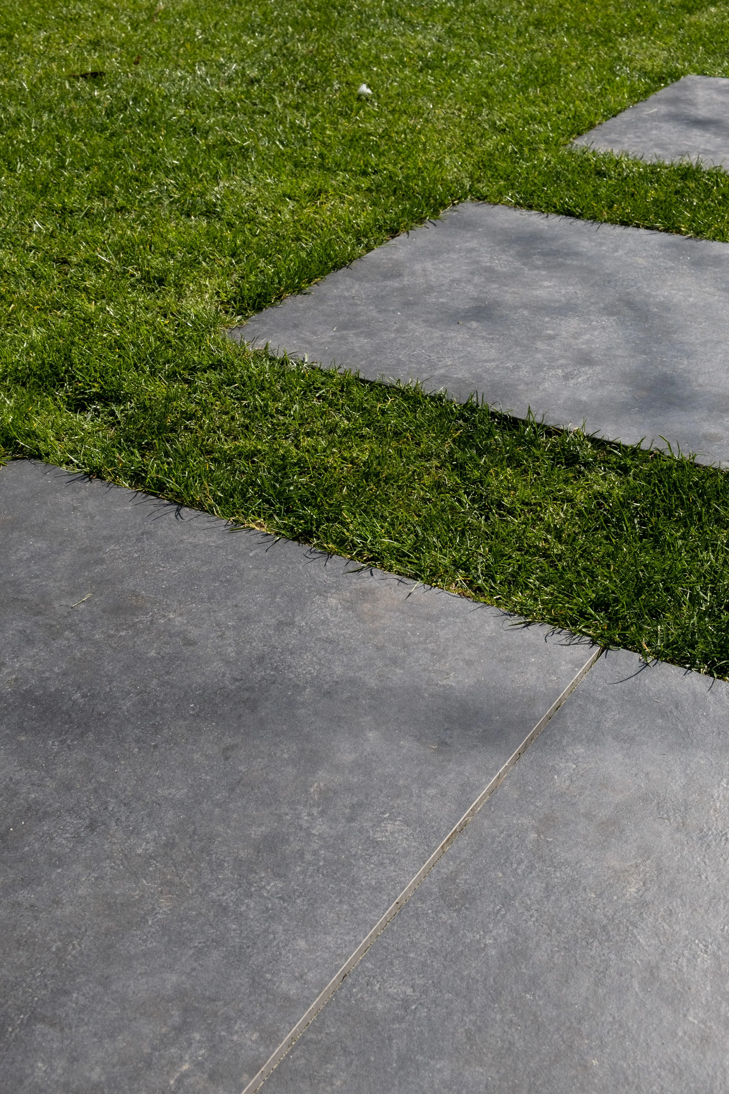 Close-up view of gray stone tiles and green grass.