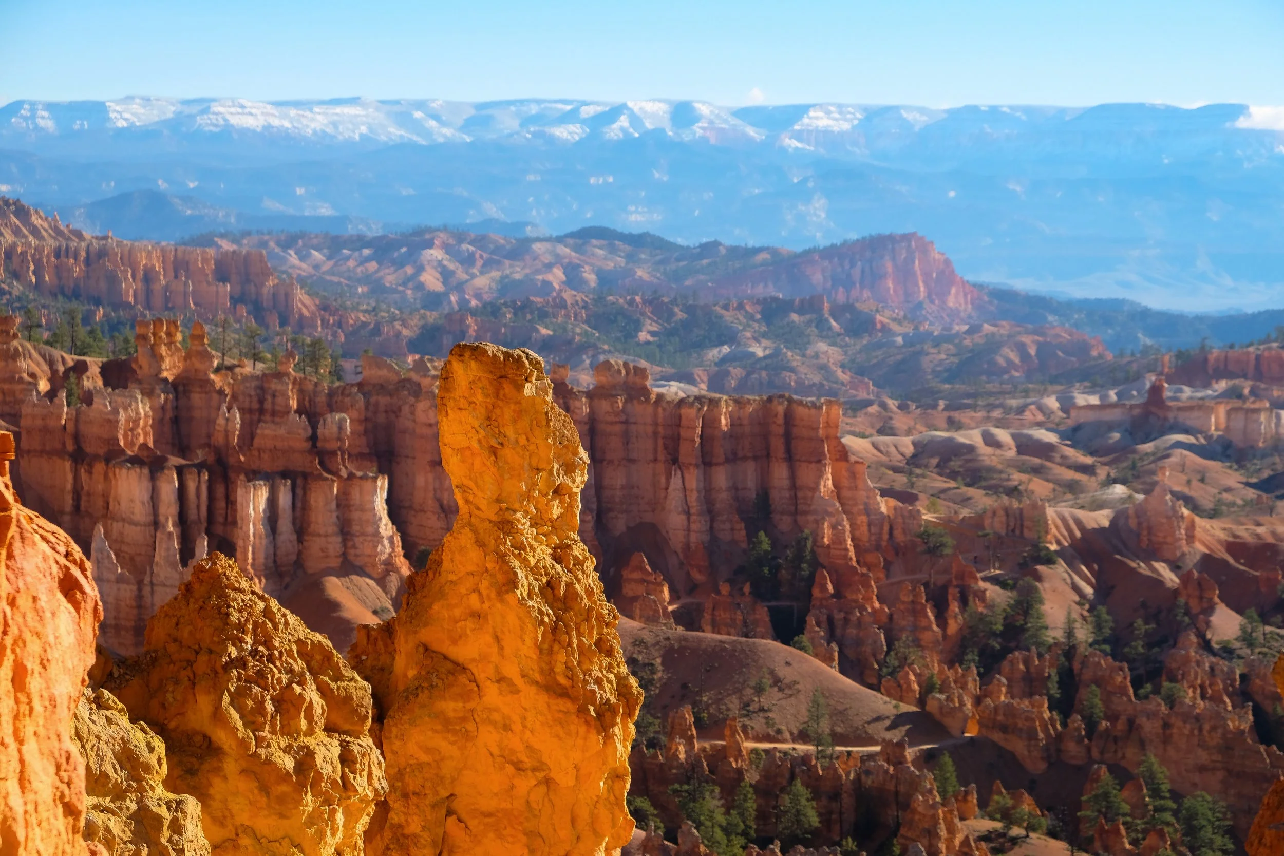Scenic view of Bryce Canyon with orange and red hoodoos, cliffs, and distant snow-capped mountains under a blue sky.