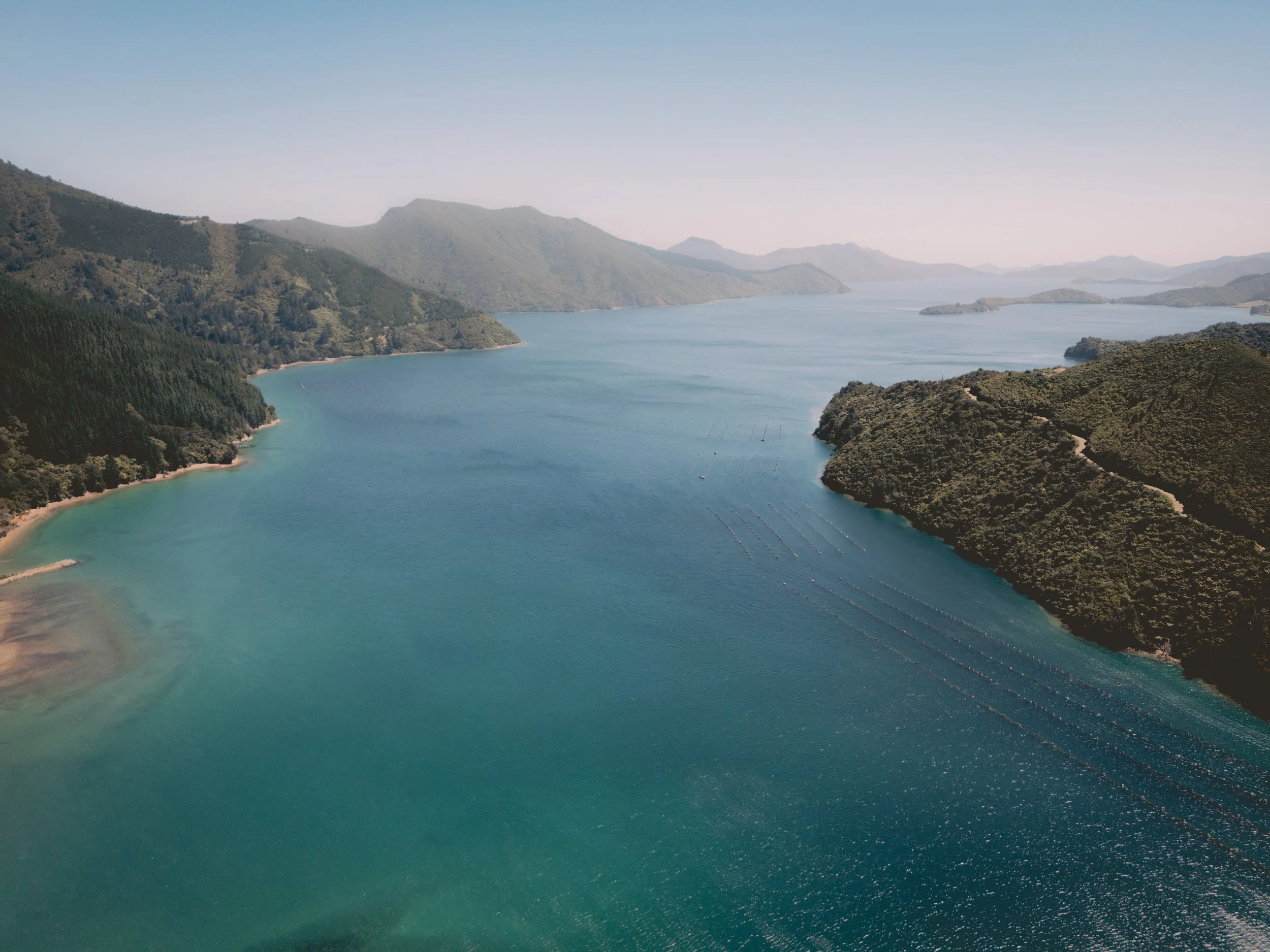 Aerial view of a large body of water surrounded by green forested mountains under a clear blue sky.