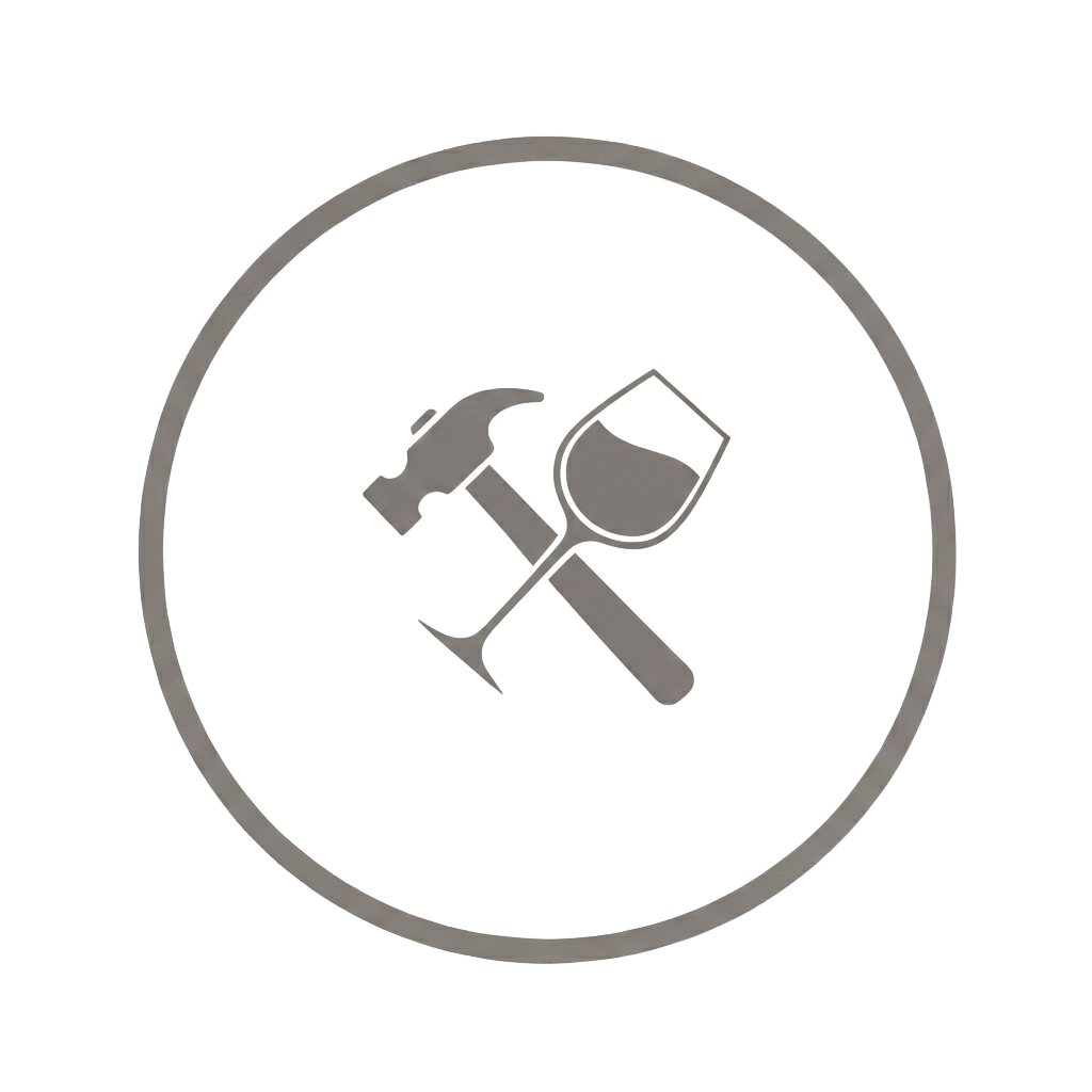 Circle with a gray border featuring a hammer, a bottle opener, and a wine glass inside.