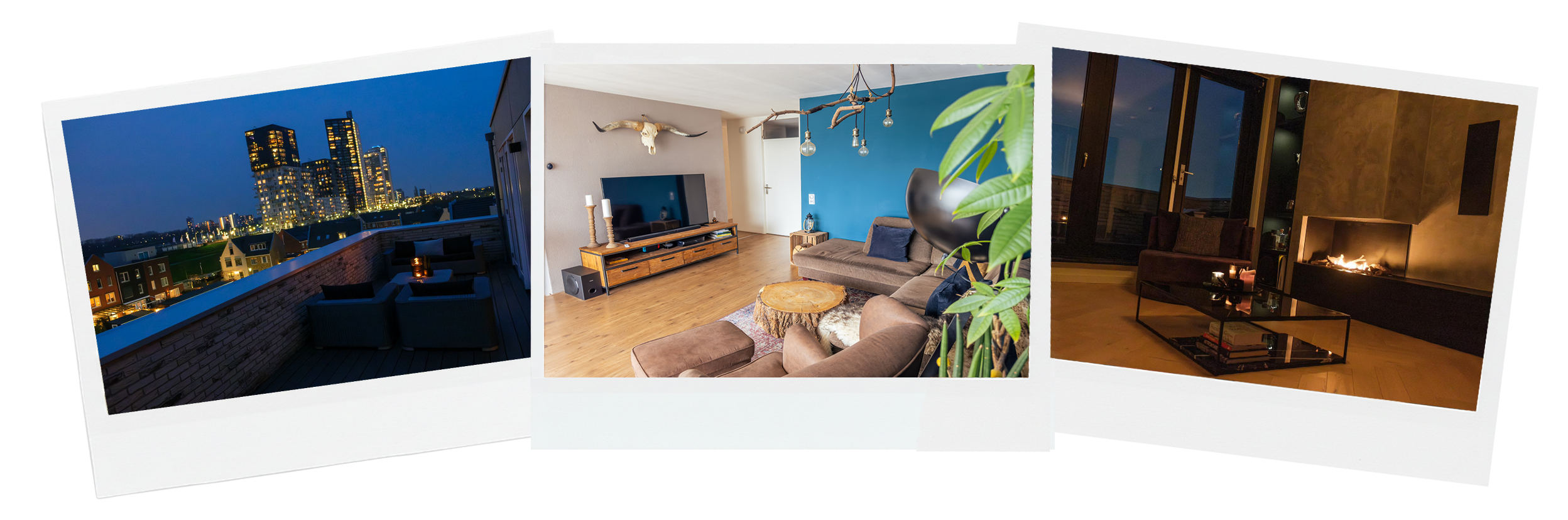 Collage of three photos: first shows a city skyline at night from a balcony, second shows a modern living room with a gray sofa, blue accent wall, and rustic decor, third shows a cozy room with a fireplace, dark walls, and a glass coffee table.