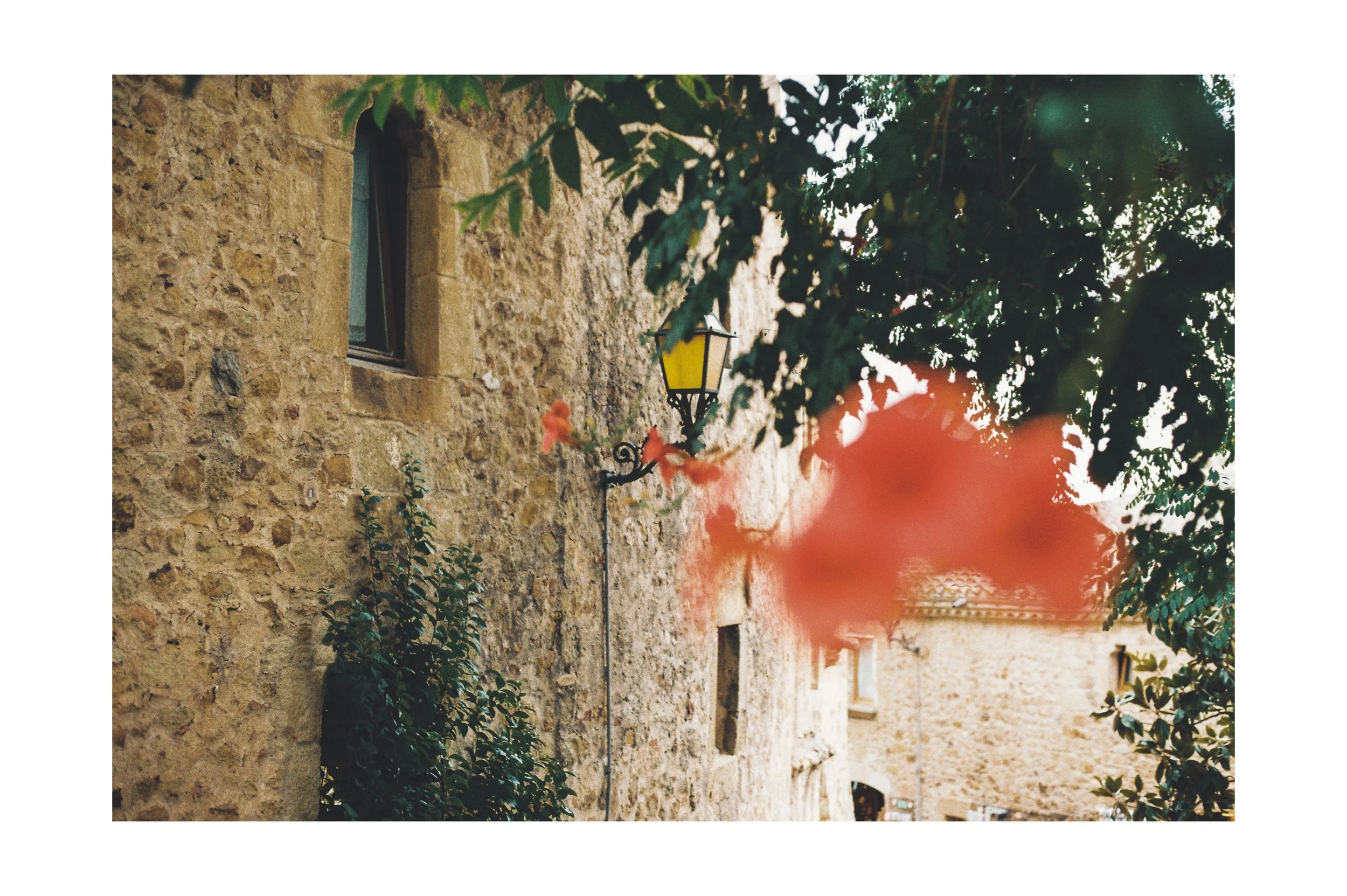 An old stone wall with a small window, a yellow lantern attached to the wall, and some foliage, with pink flowers blurred in the foreground.