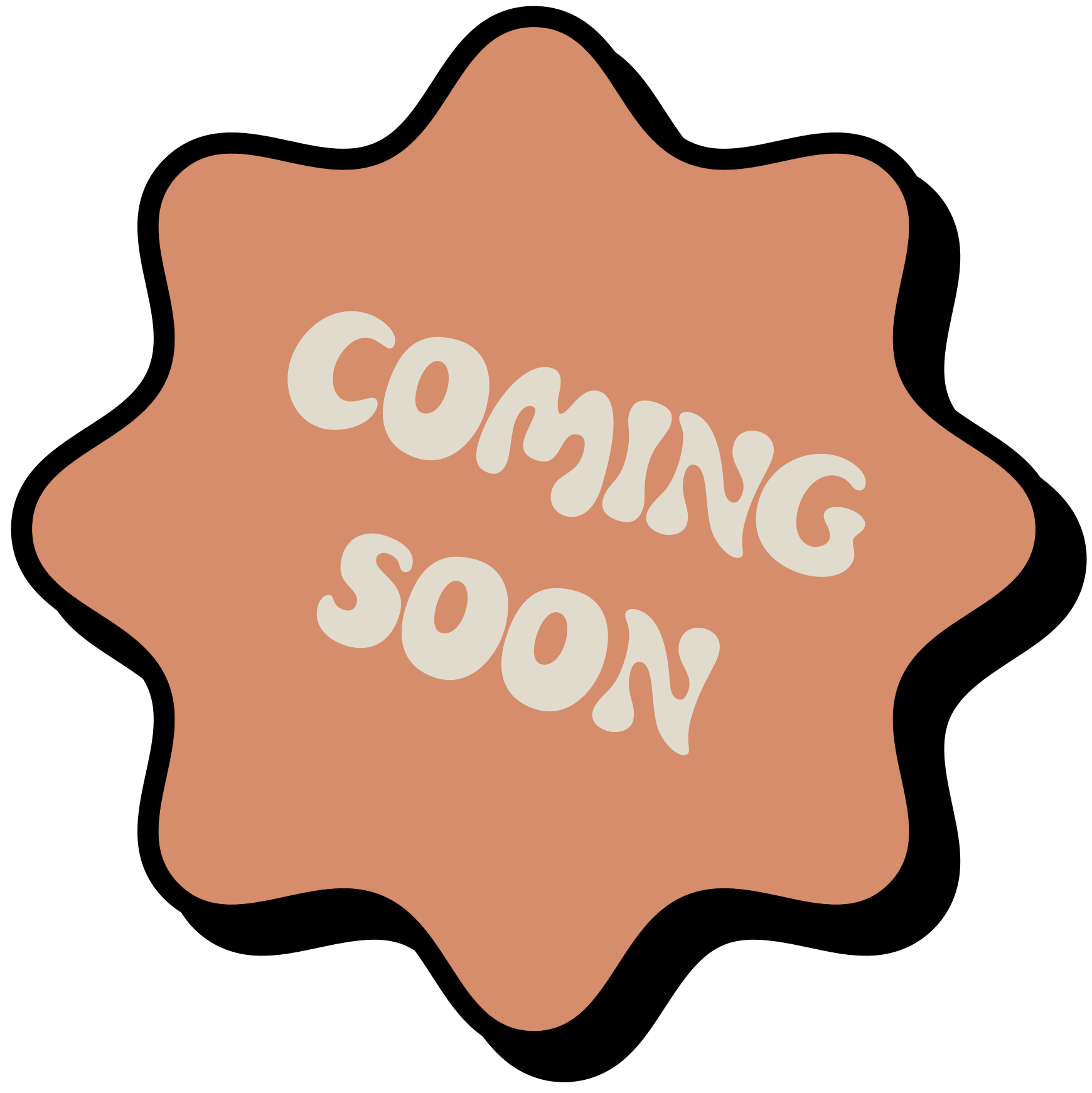 A beige badge with wavy edges and the words 'Coming Soon' in cream-colored text.
