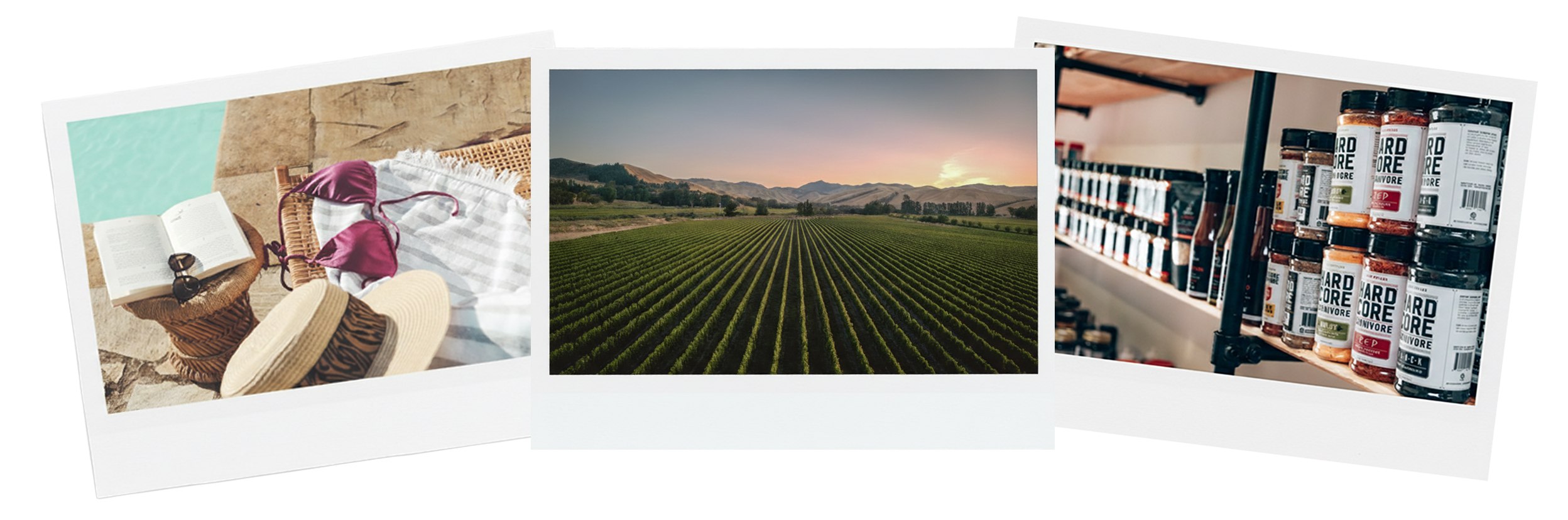Three printed photos: a summer scene with a sun hat, book, and swimwear on a lounge chair near a pool; a crop field at sunset with rows of crops and mountains in the background; shelves of spice jars in a grocery store.