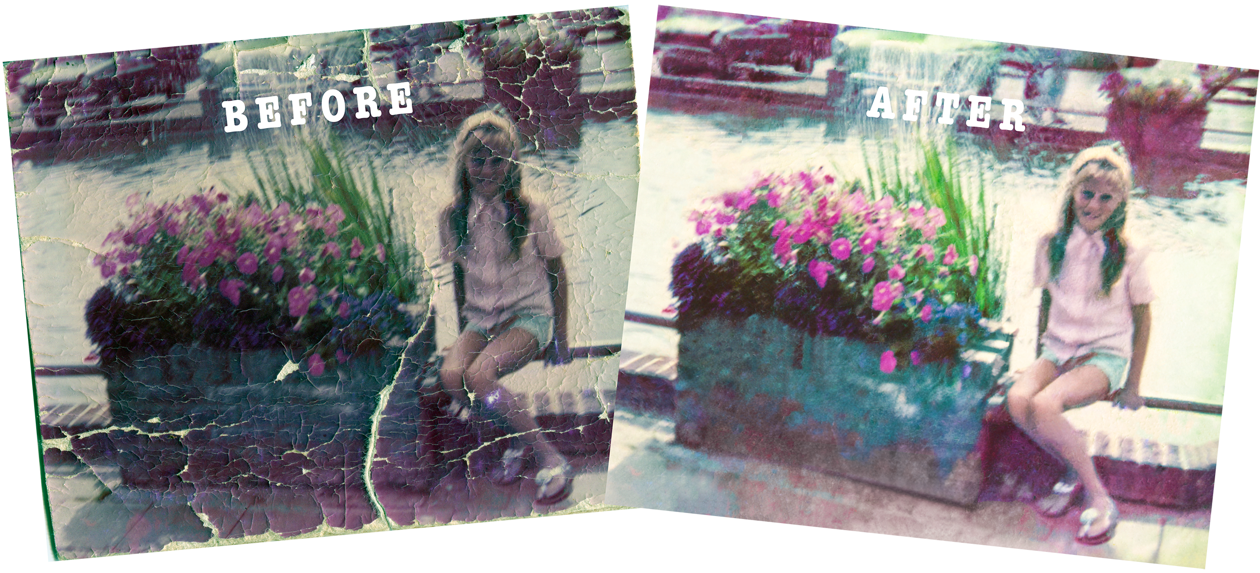 Comparison of two photographs showing a young girl sitting by a large flower planter near a body of water. The 'Before' photo is damaged and faded, while the 'After' photo is restored, colorful, and clear.