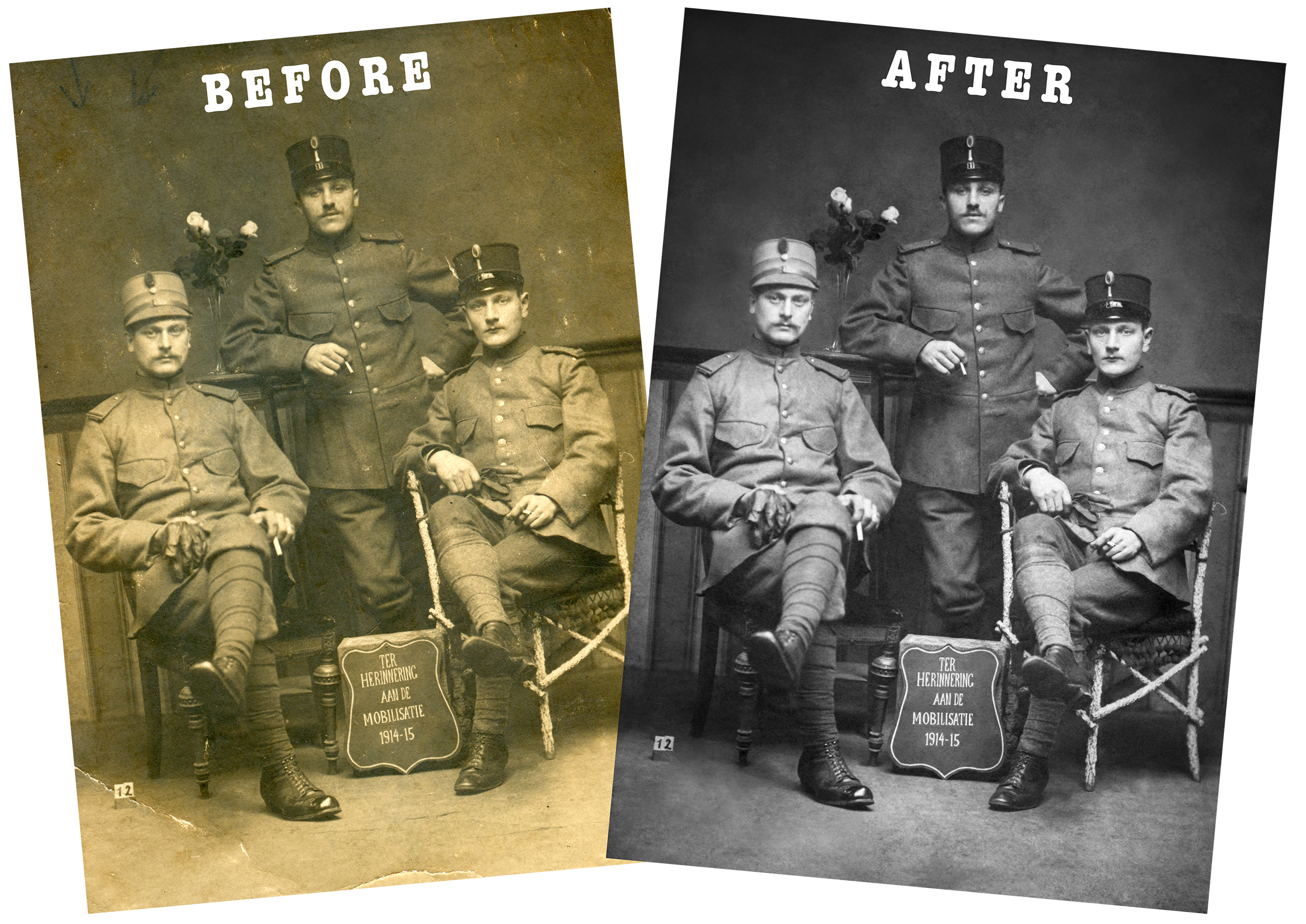 Before and after black-and-white photographs of three soldiers in uniform, with a sign referencing World War I mobilization 1914-15, one soldier sitting with legs crossed and two standing behind, featuring a flower in a vase on a table.